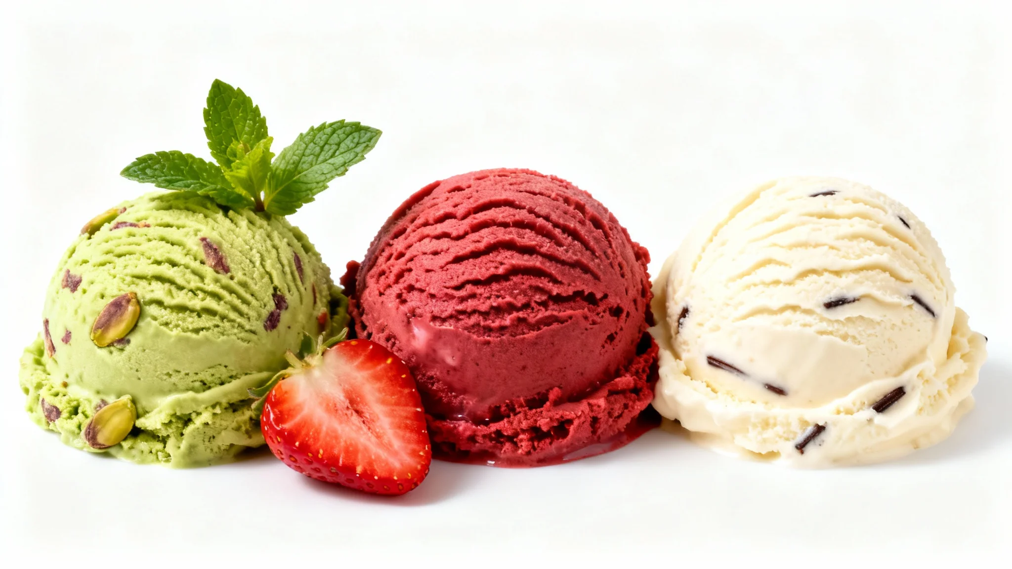 A professional food photograph showing three perfect scoops of pistachio, strawberry, and vanilla ice cream arranged elegantly on a clean white background.