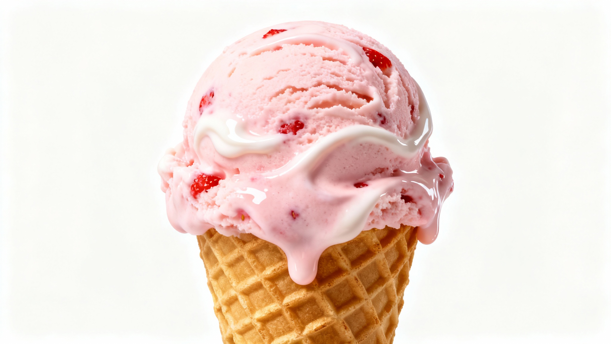 A professional, studio-lit photograph of a single scoop of pink strawberry ice cream in a waffle cone, set against a stark white background. A single drop of ice cream is melting down the side.