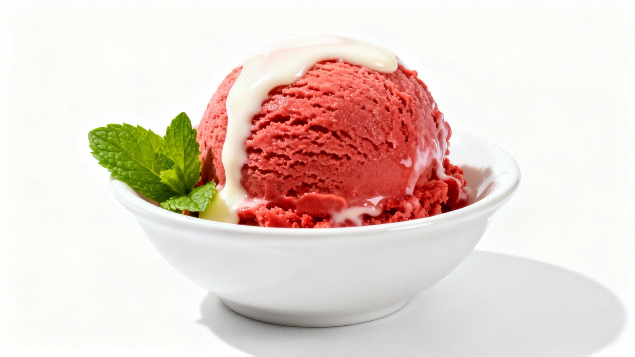 A professional, close-up photo of a scoop of strawberry ice cream in a white bowl, drizzled with white chocolate and garnished with a mint leaf, on a clean white background.