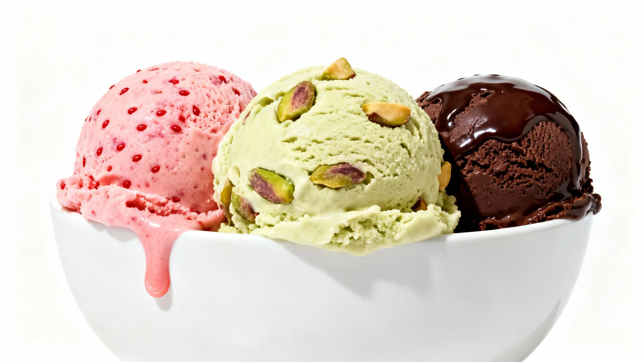 A professional food photograph showing three scoops of ice cream, strawberry, pistachio, and chocolate, in a white bowl against a plain white background, with a single drip running down the side.
