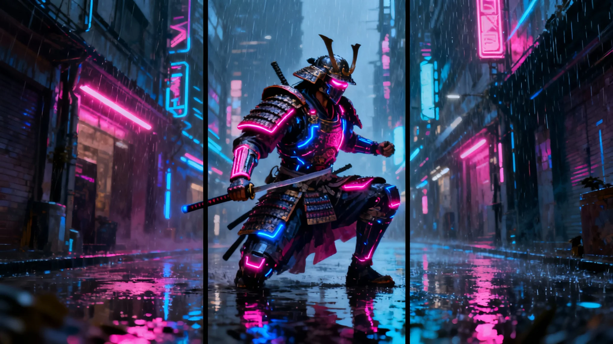 A completed Steam artwork design showing a cyberpunk samurai in a neon-lit, rainy city, split across three vertical panels.