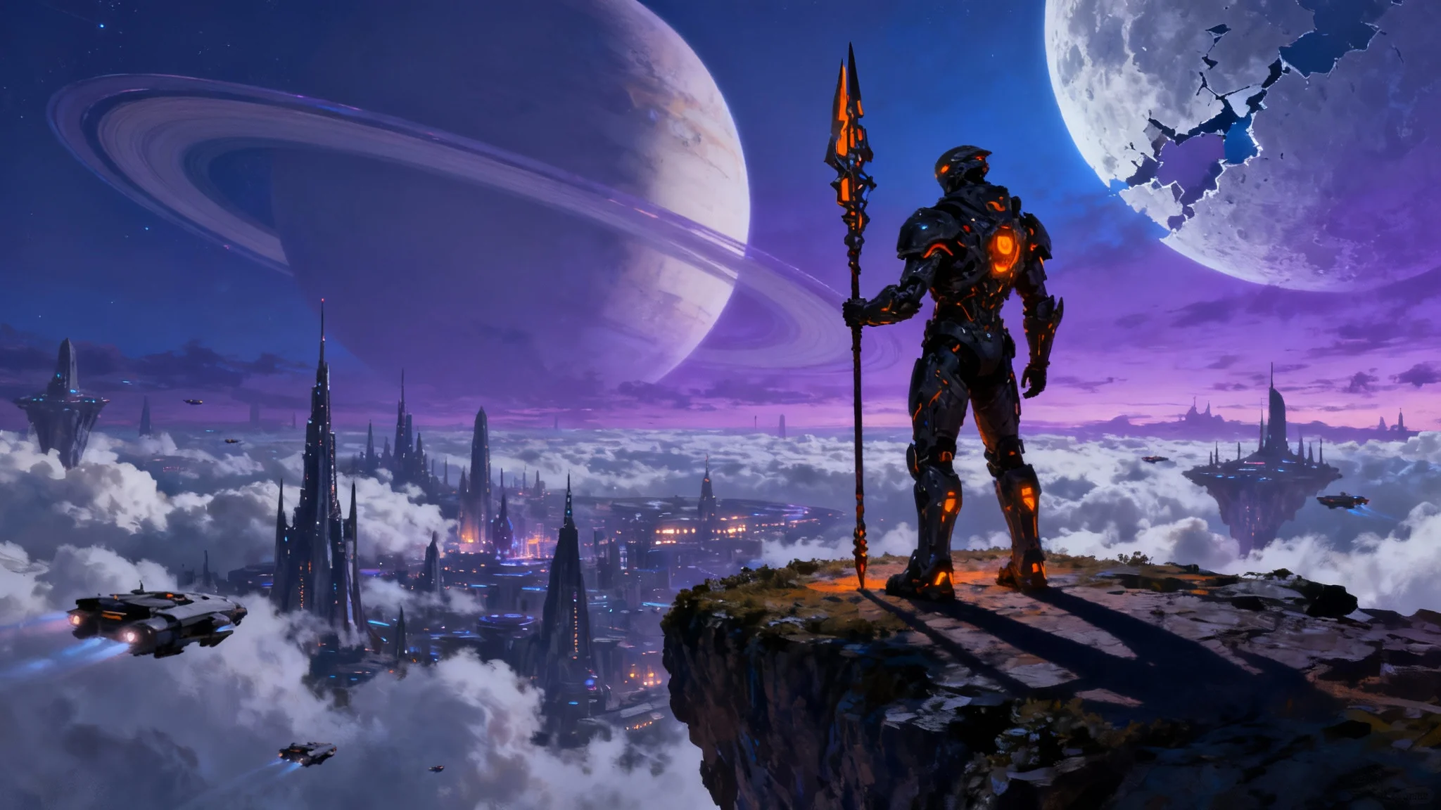 A highly detailed digital painting of a futuristic warrior in glowing armor, standing on a floating island and looking down at a vast, cloud-covered alien city under a twilight sky with a large ringed planet.