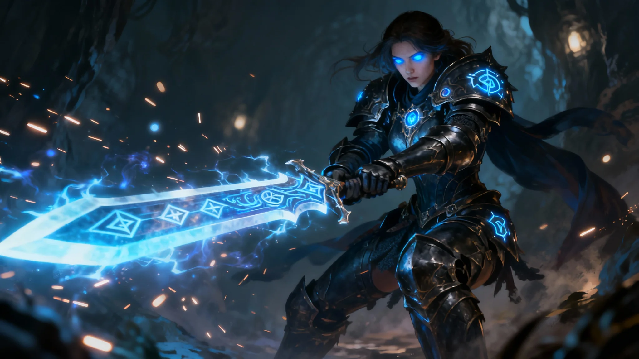 A hyper-detailed digital painting of a female fantasy knight in dark, rune-etched armor, holding a giant glowing sword in a cavern, representing high-quality Steam artwork.
