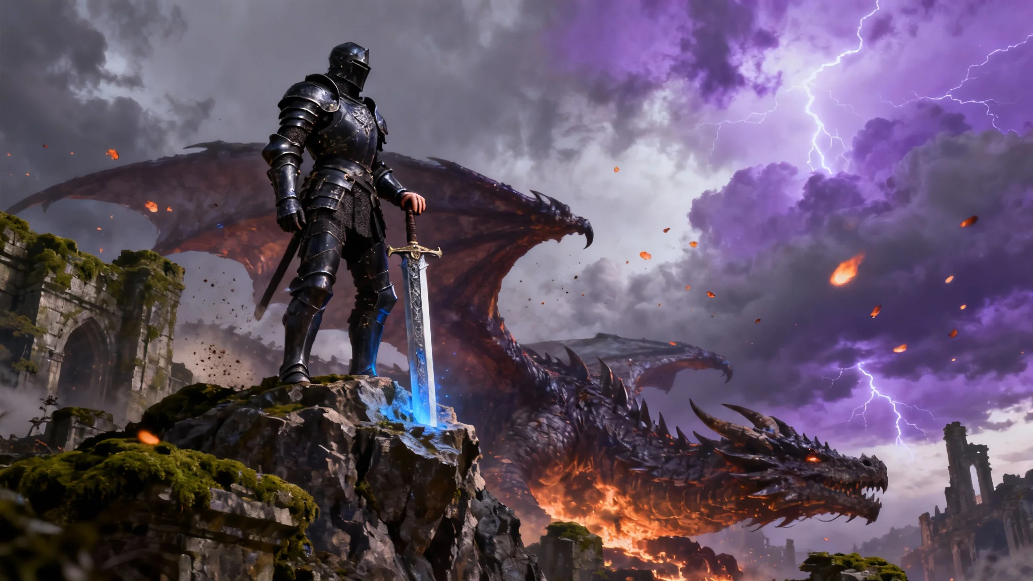 Epic digital painting of a fantasy warrior standing victoriously on a cliff edge with a glowing greatsword, looking down at a defeated dragon in the valley below, suitable for Steam profile artwork.