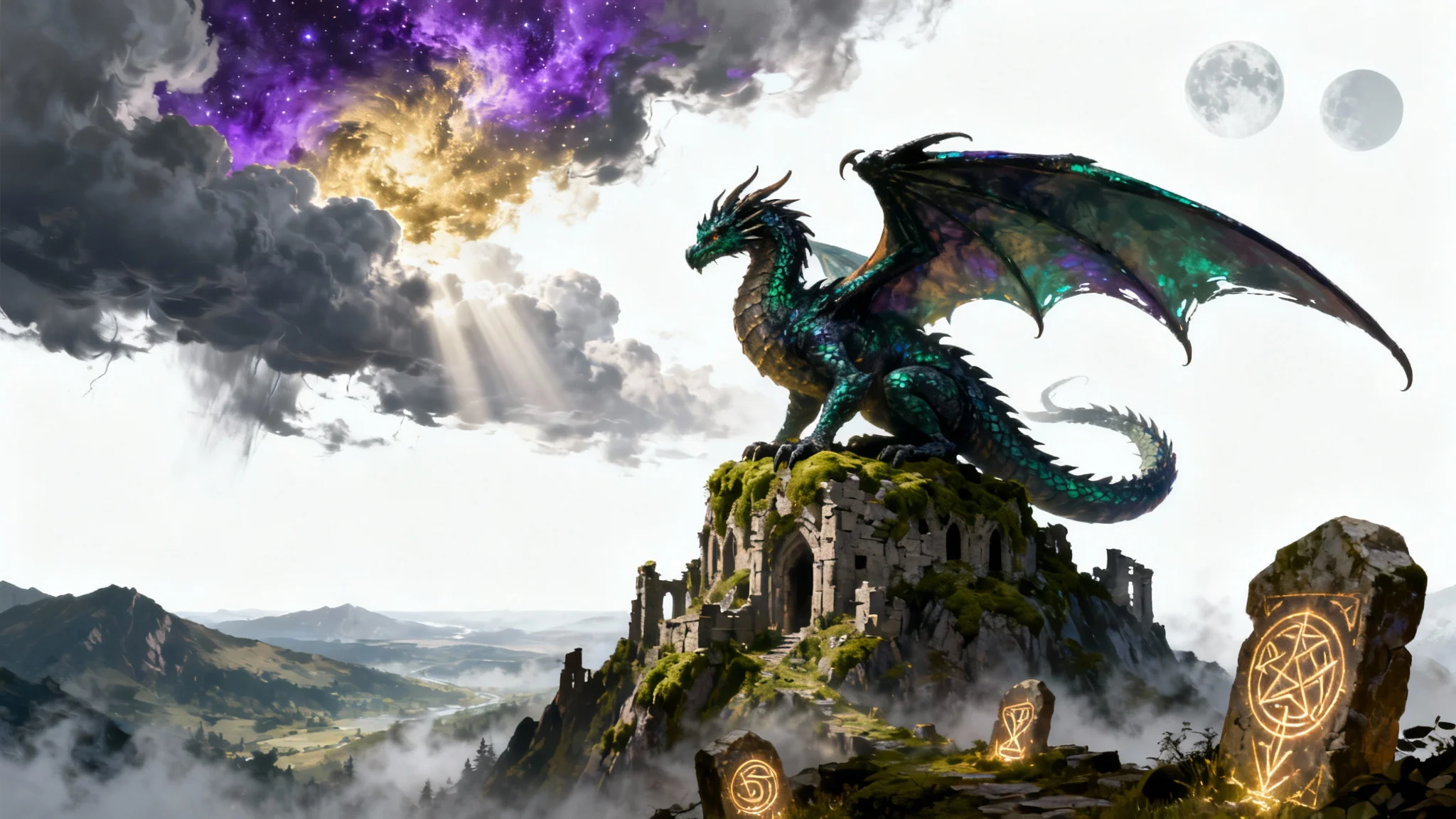 A mockup of a Steam artwork featuring a colossal emerald and obsidian dragon perched on a mountain ruin under a stormy, cosmic sky. The artwork is displayed against a white background.