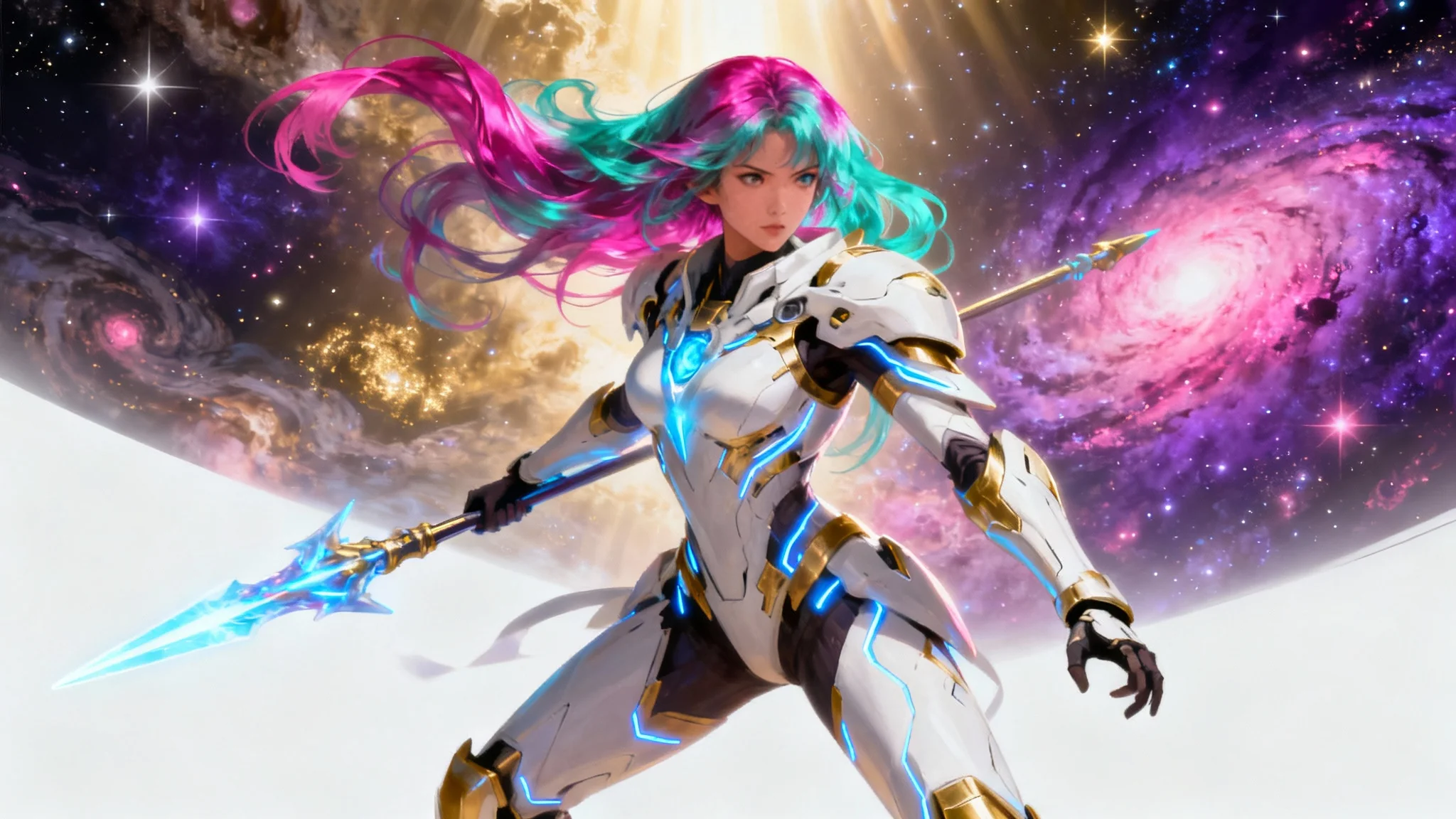 A mockup of a digital Steam artwork featuring an anime-style female space warrior in white and gold armor, holding a glowing spear against a backdrop of a colorful cosmic nebula. The artwork is displayed on a plain white background.