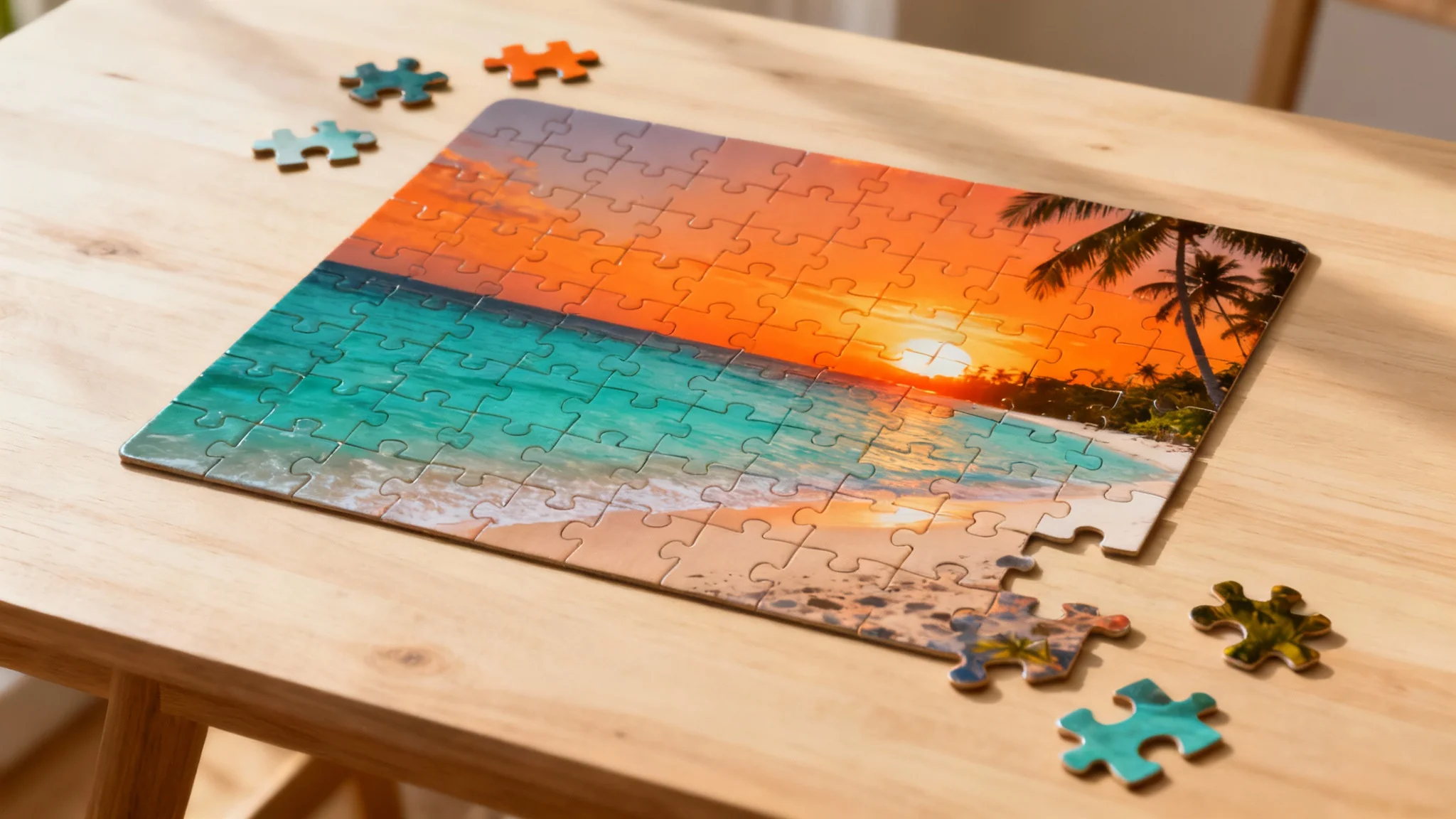 A high-quality, custom jigsaw puzzle featuring a beautiful tropical sunset scene, partially assembled on a light wooden table.