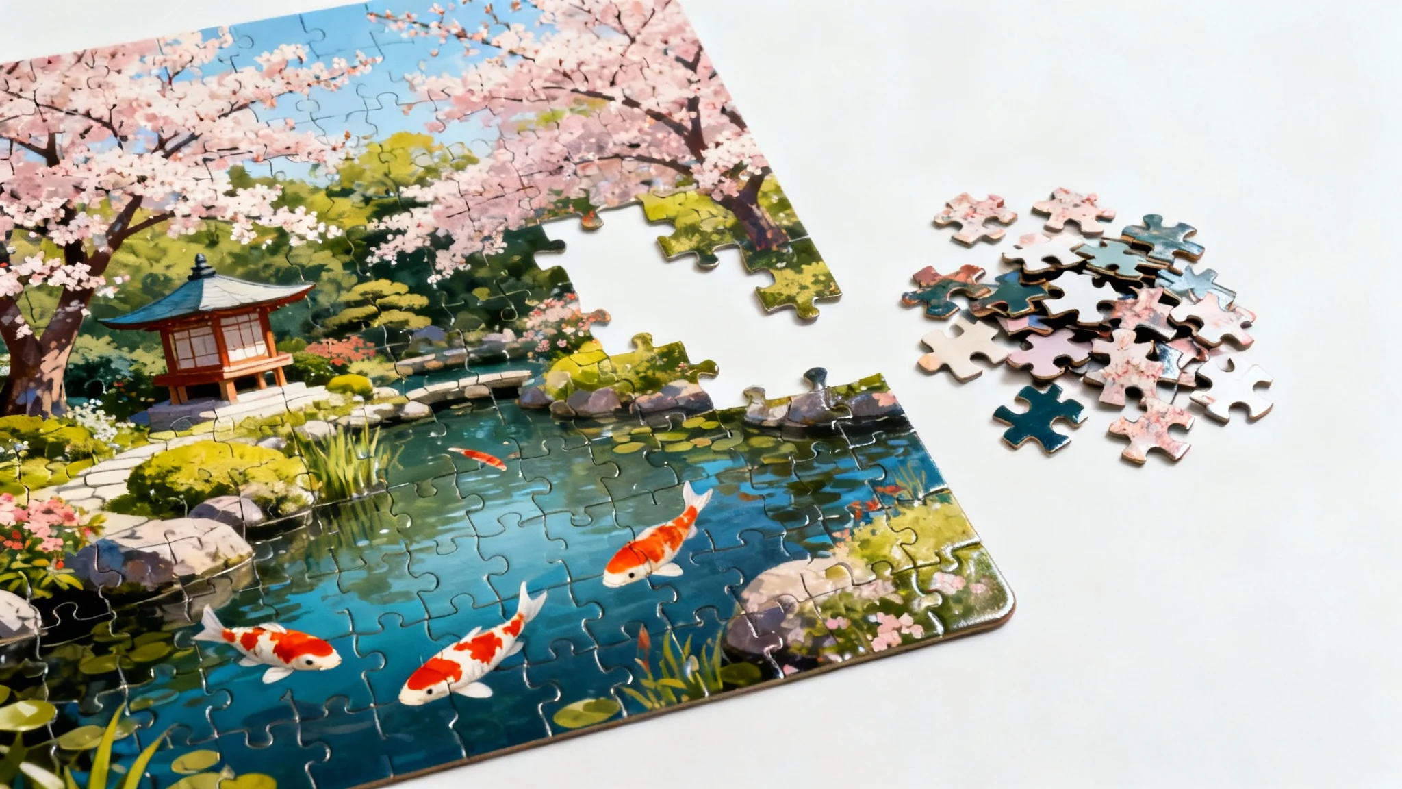 A photorealistic image of a jigsaw puzzle depicting a Japanese garden, partially completed on a crisp white background, with loose pieces lying nearby.