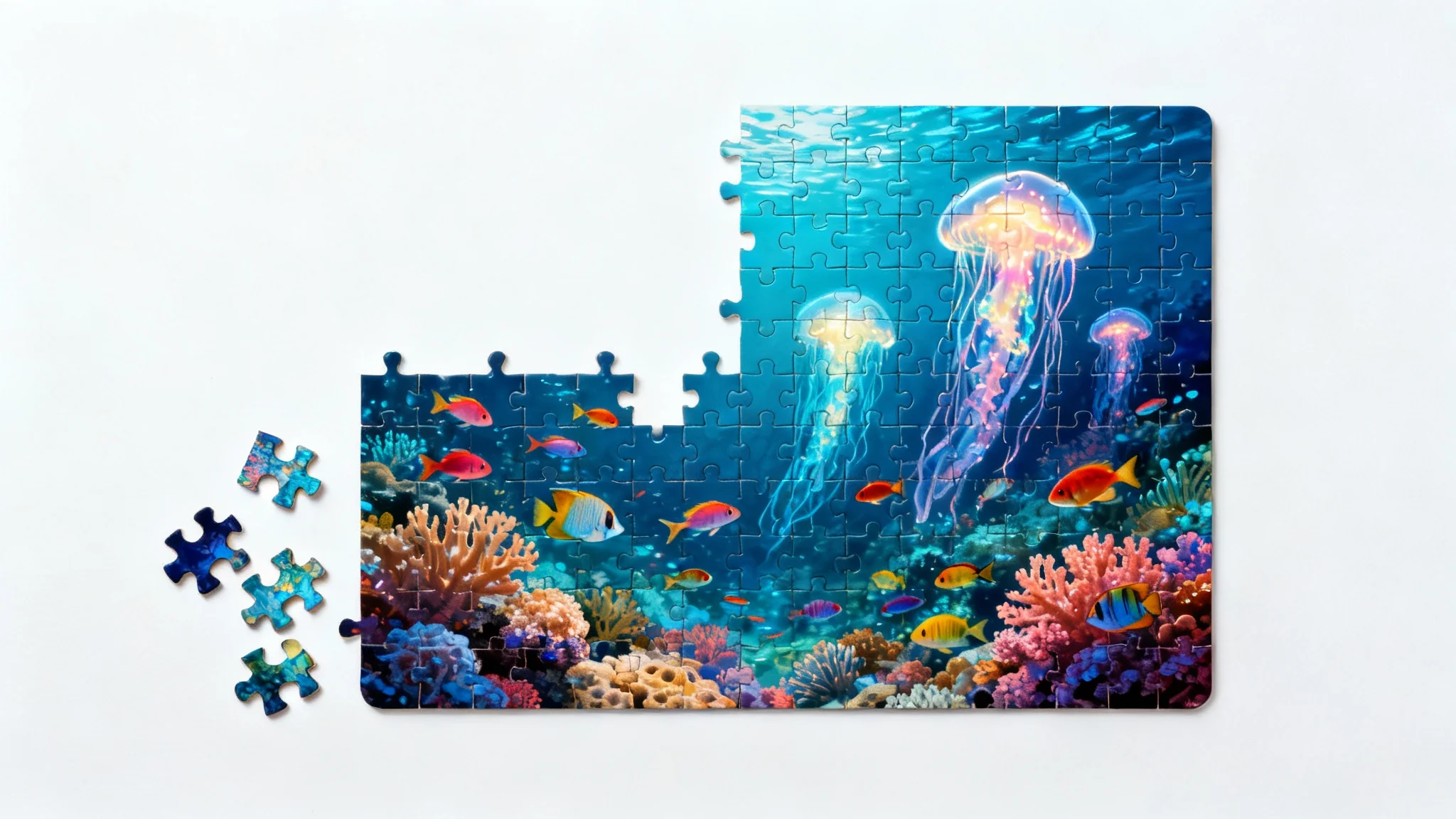 A top-down view of a partially completed jigsaw puzzle on a white background, featuring a colorful underwater scene with a few loose pieces scattered beside it.
