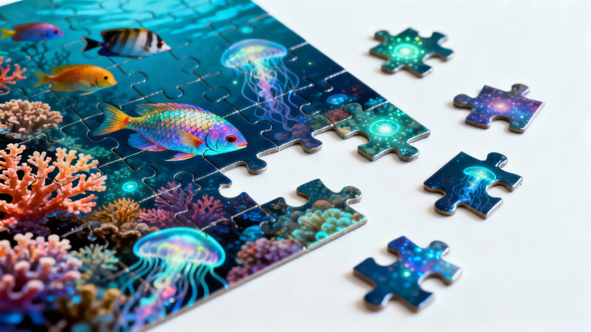 A partially completed jigsaw puzzle showing a vibrant coral reef, viewed from above on a clean white background, with loose pieces scattered around the assembled section.