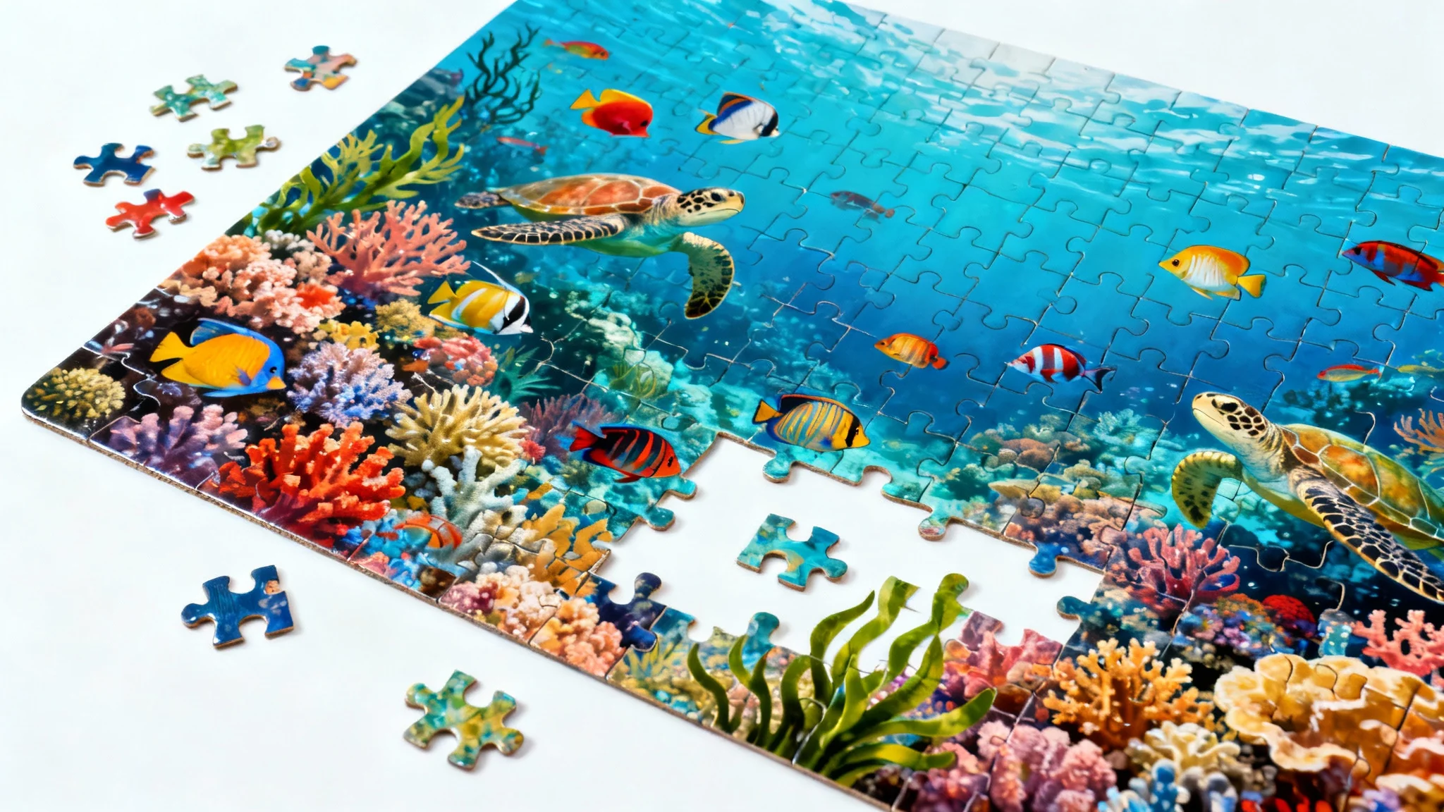 A top-down shot of a partially completed jigsaw puzzle featuring a colorful coral reef scene, set against a plain white background. Loose pieces are scattered around the assembled portion.