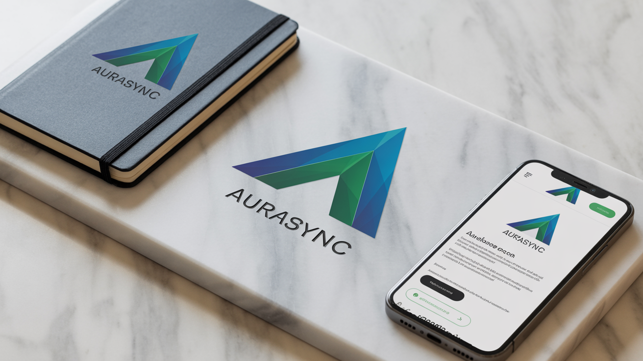 A professional branding mockup showcasing a modern blue and green triangular logo applied to business cards, a notebook, and a smartphone screen, all arranged neatly on a white marble surface.