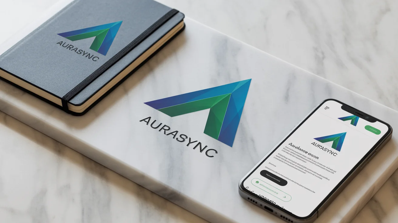 A professional branding mockup showcasing a modern blue and green triangular logo applied to business cards, a notebook, and a smartphone screen, all arranged neatly on a white marble surface.