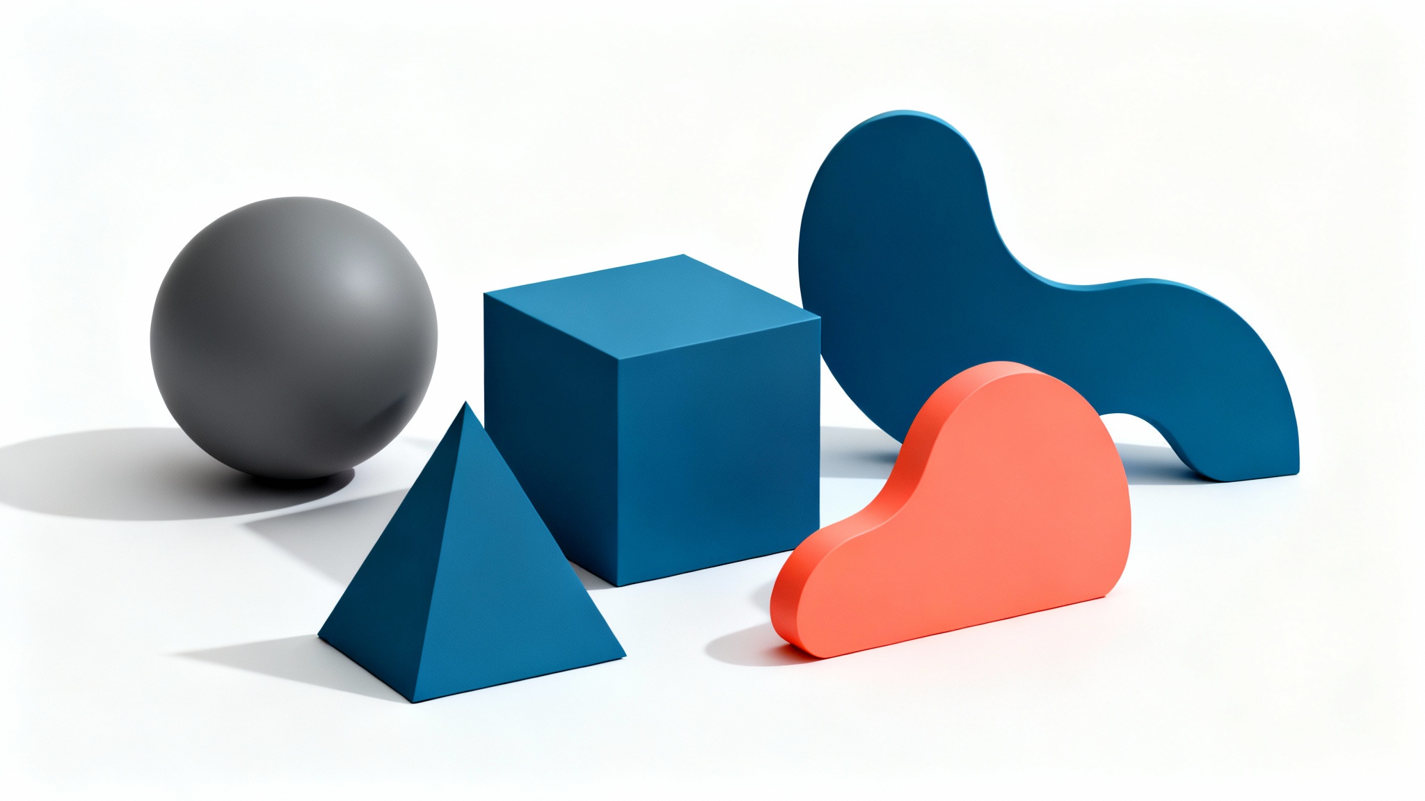 A minimalist arrangement of 3D geometric and organic shapes in charcoal, blue, and coral on a white background, representing the building blocks for logo design.