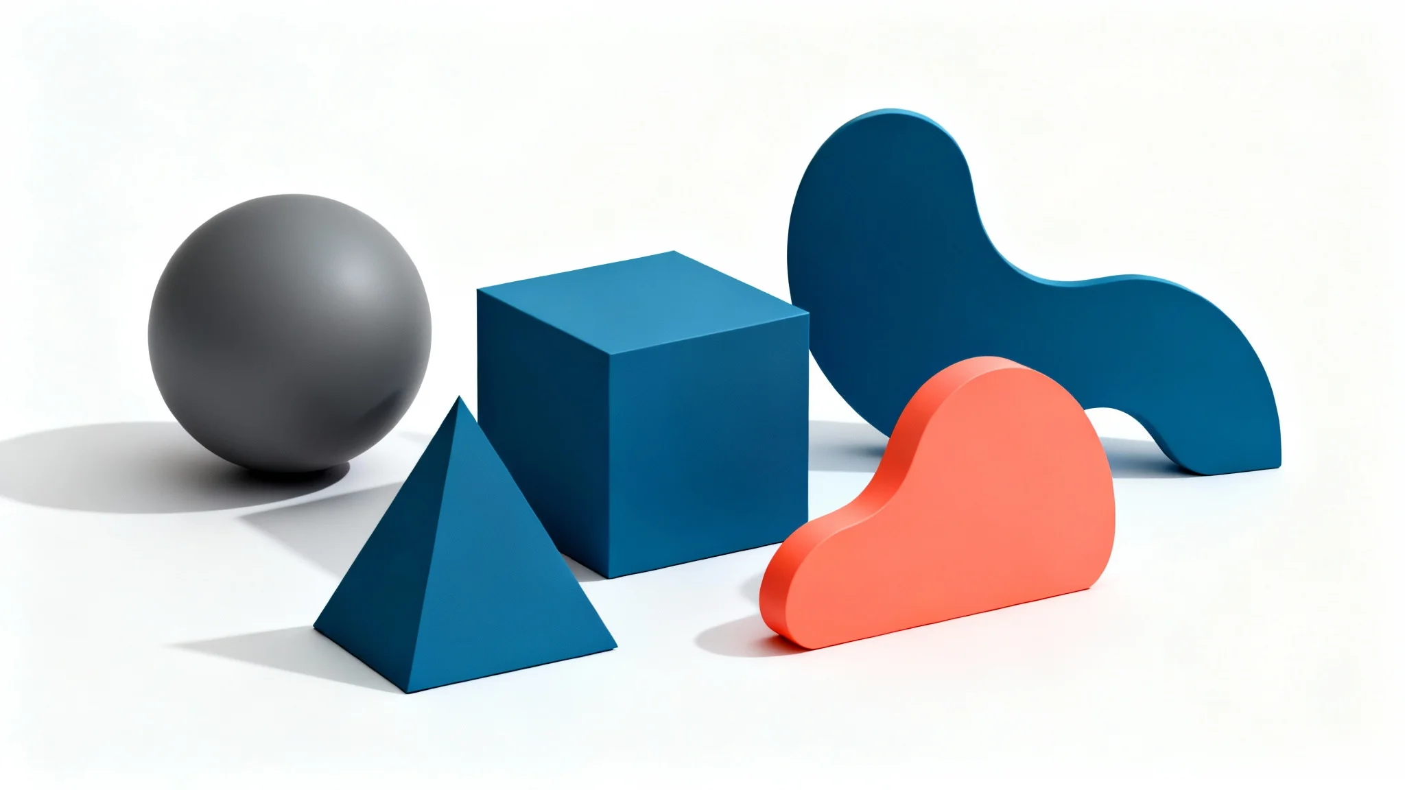A minimalist arrangement of 3D geometric and organic shapes in charcoal, blue, and coral on a white background, representing the building blocks for logo design.