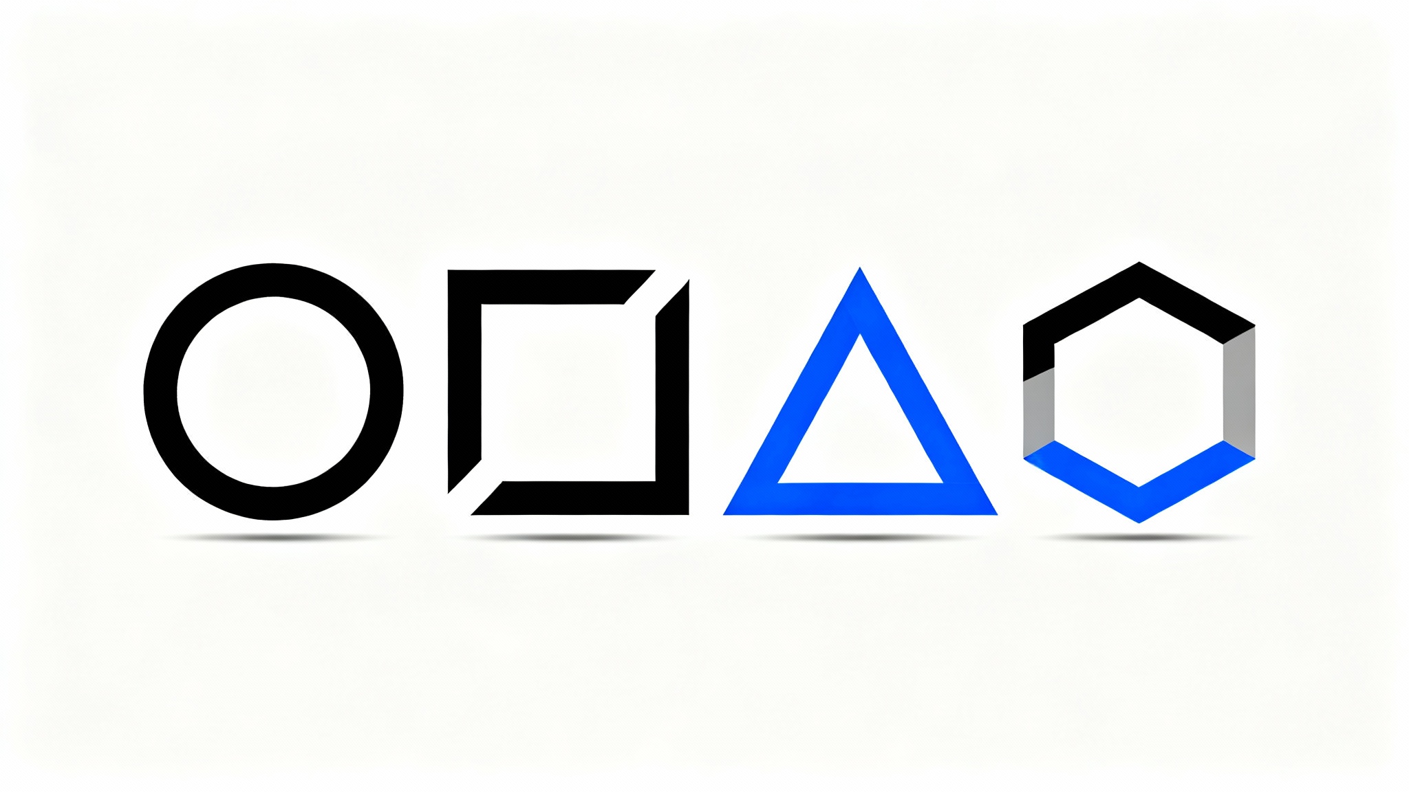 A collection of four modern, minimalist logos arranged on a white background, each based on a different geometric shape: a circle, a square, a triangle, and a hexagon.