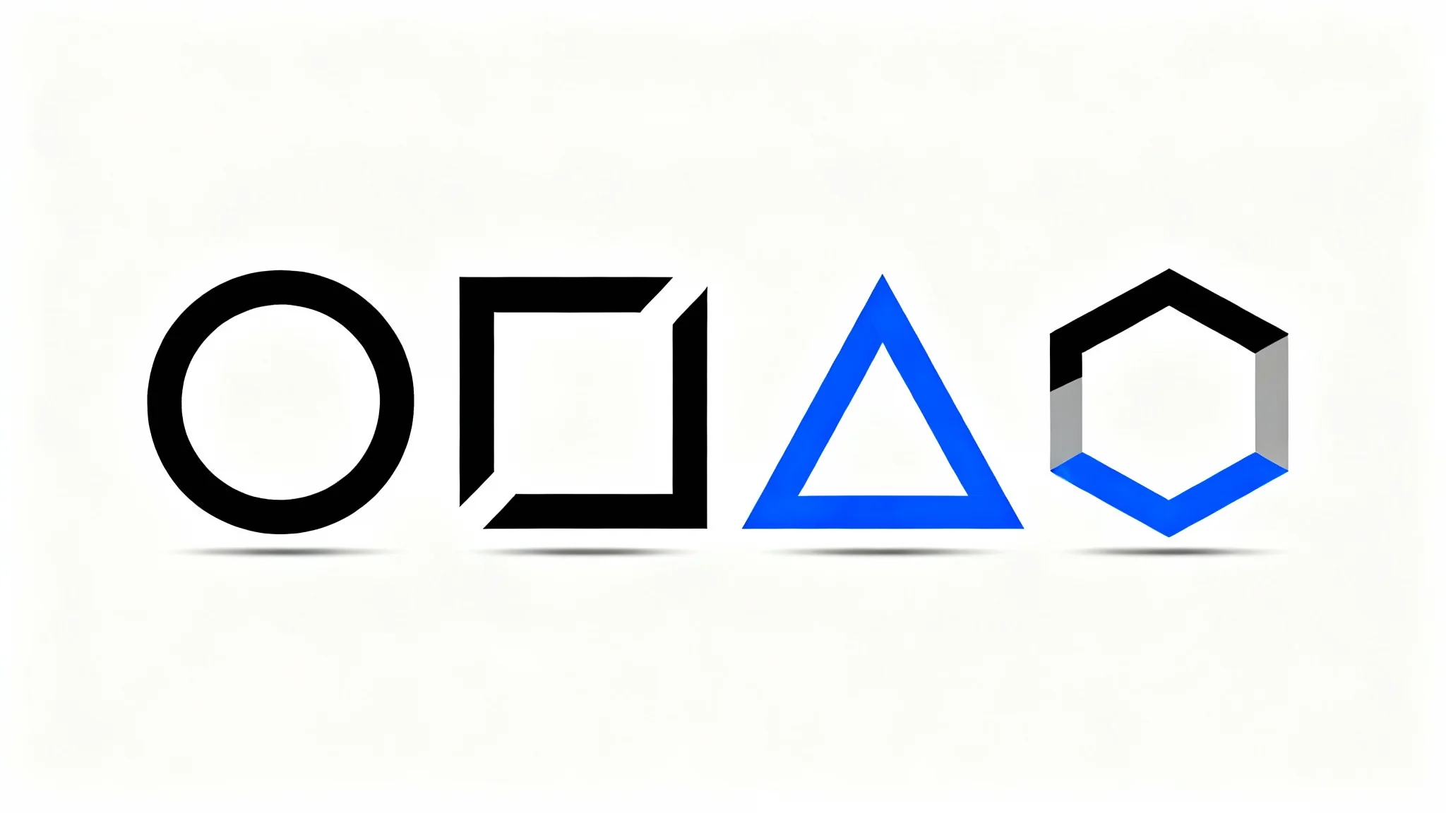 A collection of four modern, minimalist logos arranged on a white background, each based on a different geometric shape: a circle, a square, a triangle, and a hexagon.