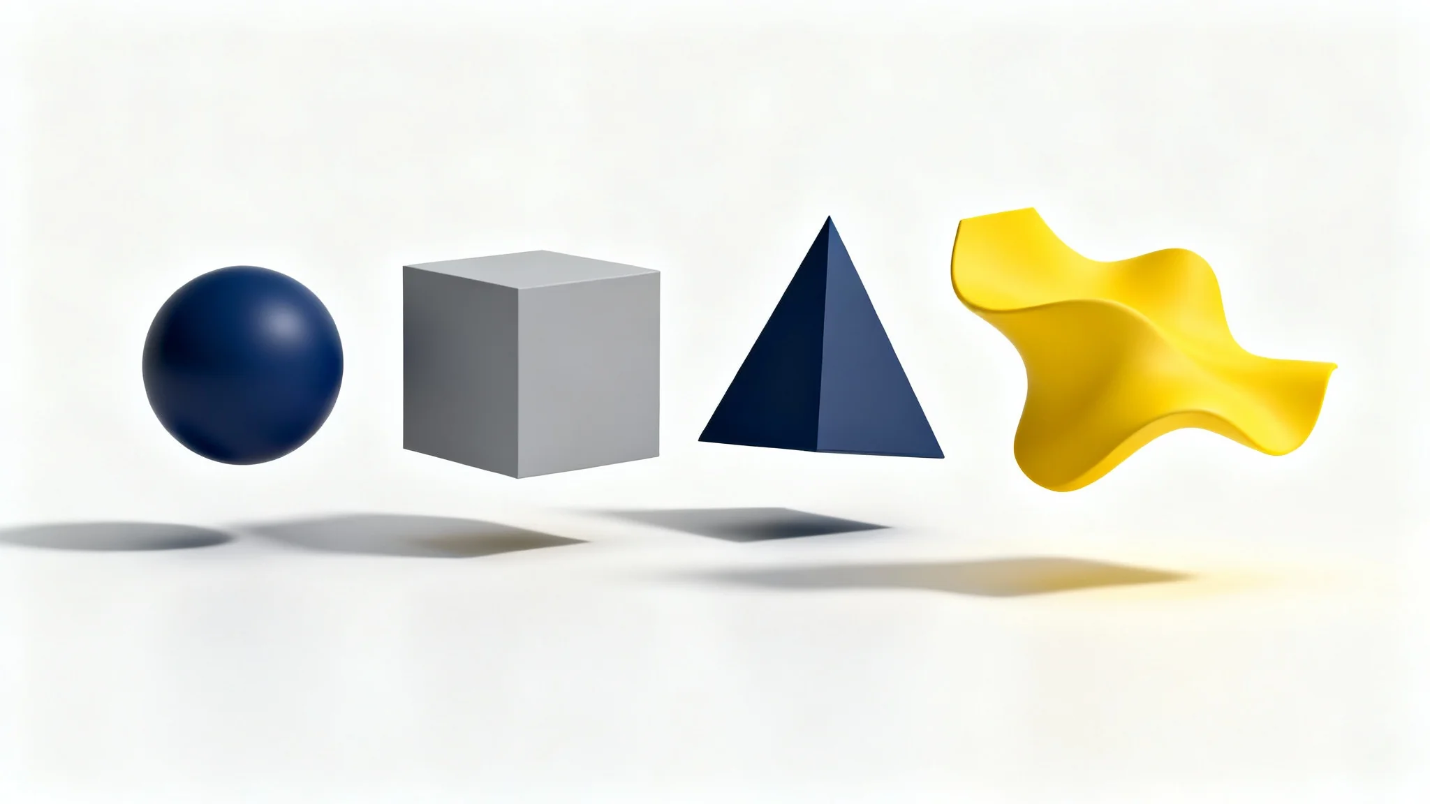 A minimalist composition of 3D geometric shapes in blue, gray, and yellow, levitating against a clean white background, illustrating the concept of logo shapes.