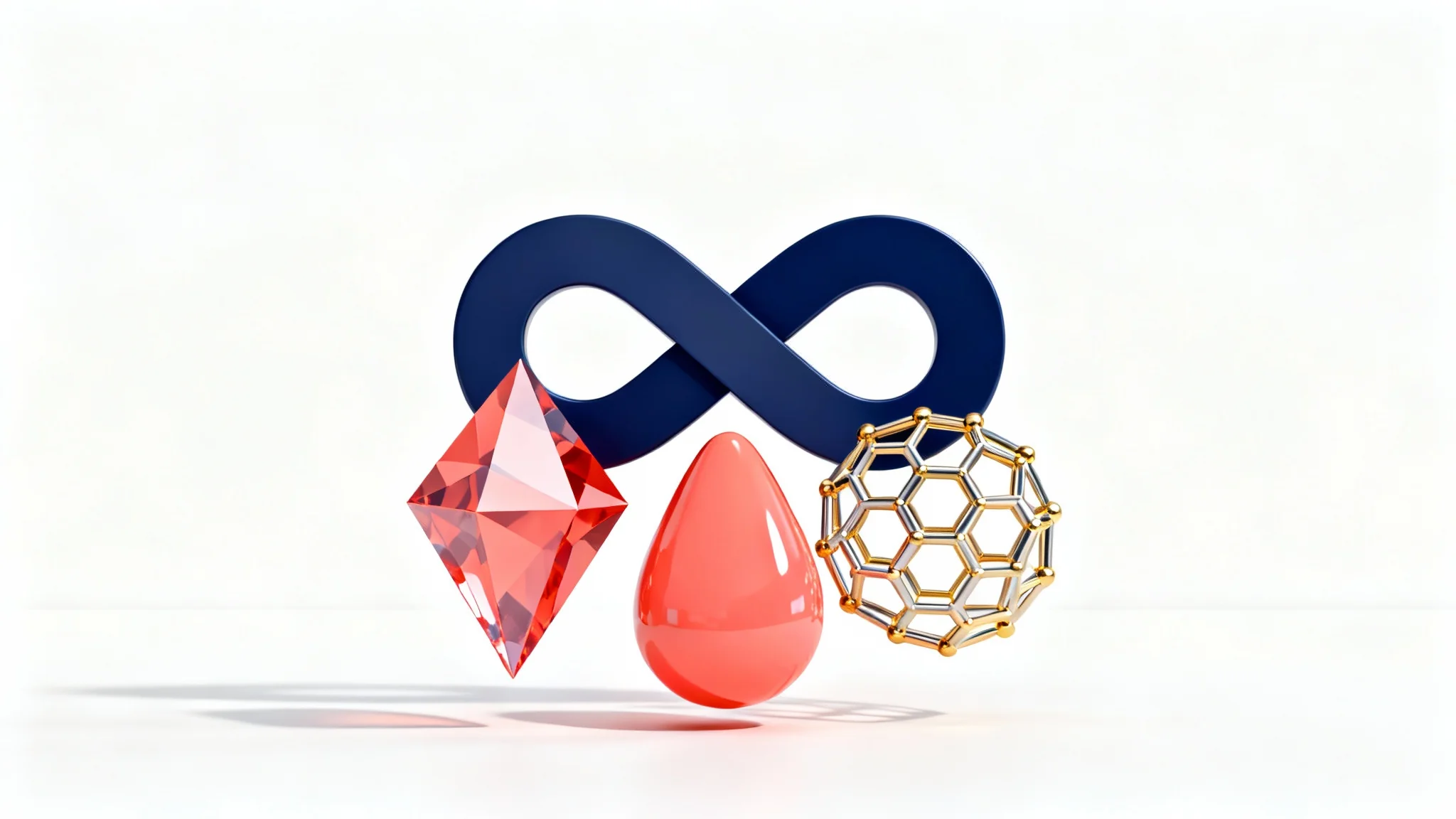 A modern composition of abstract 3D logo shapes in navy blue, coral, and gold, arranged against a clean white background, representing logo design concepts.