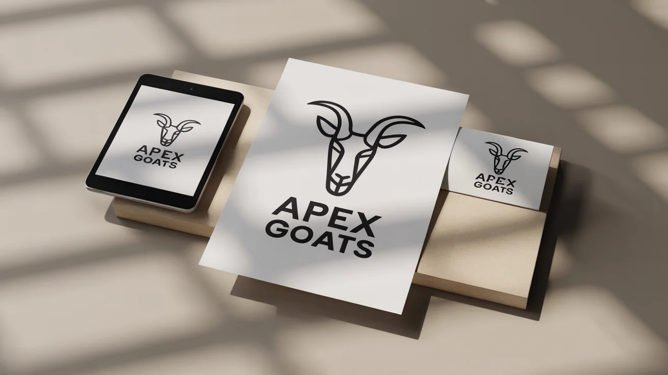 A professional mockup displaying a modern, minimalist goat logo for a company called 'APEX GOATS' on a business card and other branded materials.