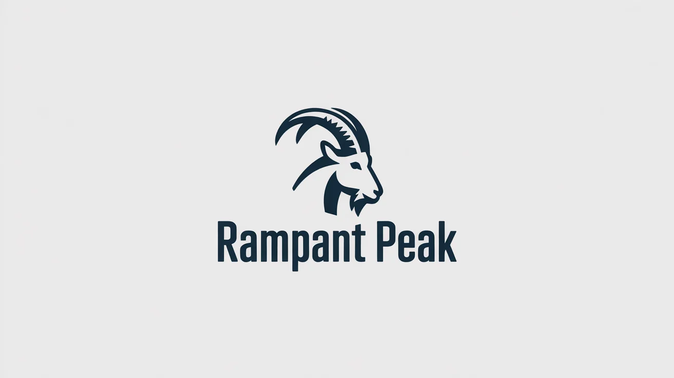 A minimalist, dark navy blue goat logo with the fictional brand name 'RAMPANT PEAK' underneath, presented as a mockup on a plain white background.