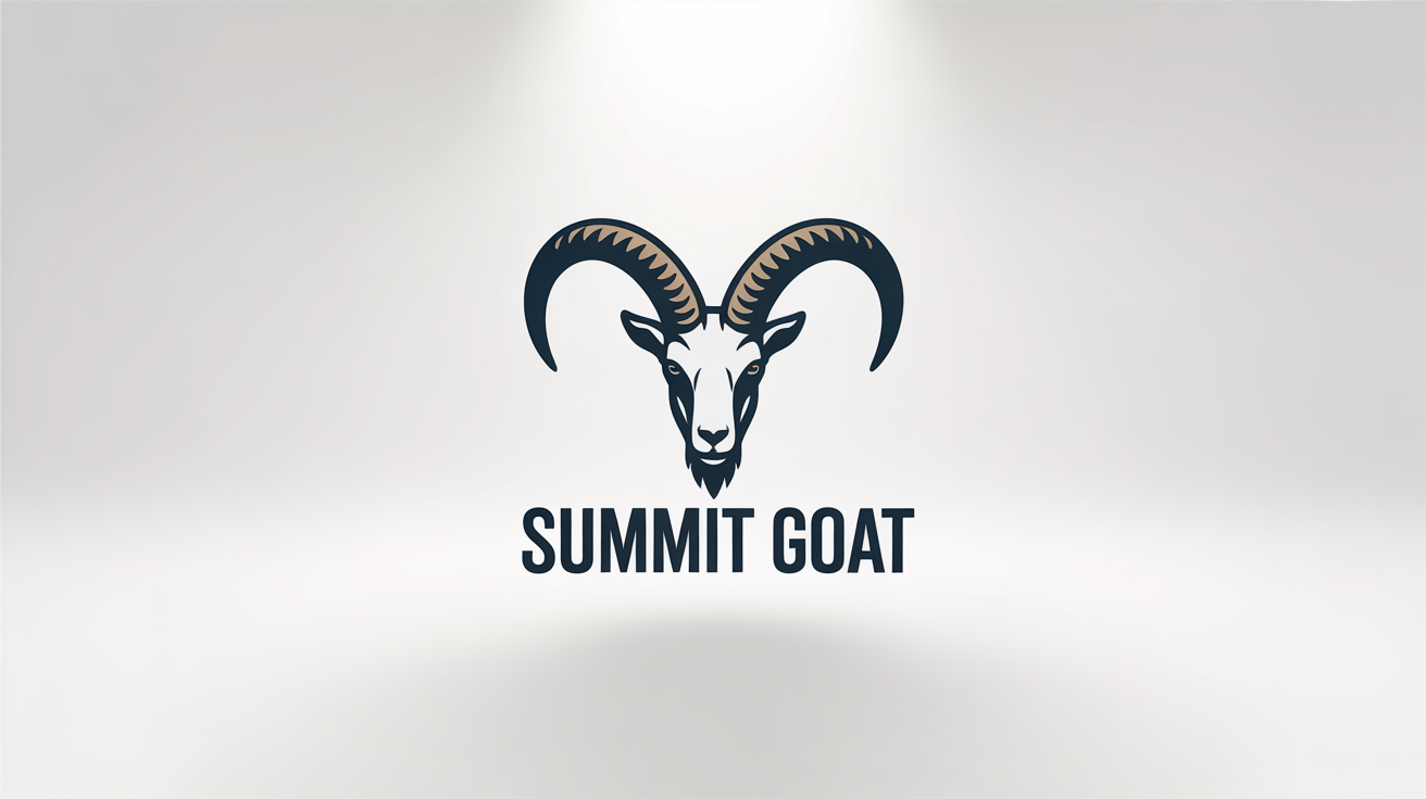 A modern, minimalist logo of a mountain goat head in profile, designed in charcoal gray and gold. The text 'SUMMIT GOAT' is displayed below the icon. The background is solid white.