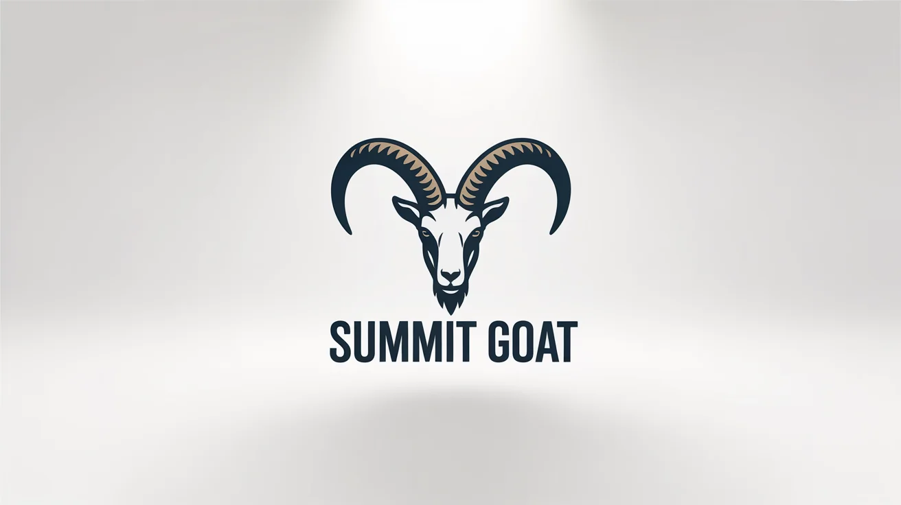 A modern, minimalist logo of a mountain goat head in profile, designed in charcoal gray and gold. The text 'SUMMIT GOAT' is displayed below the icon. The background is solid white.
