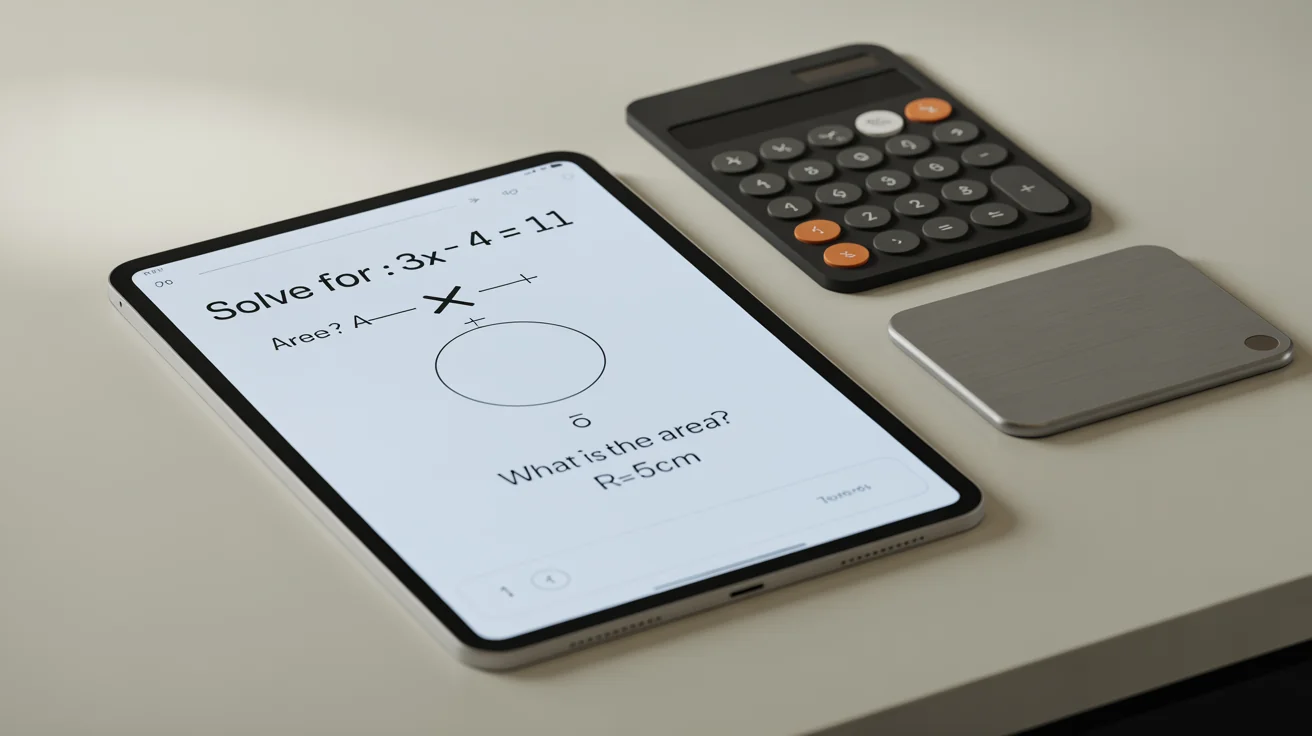 A digital math worksheet displayed on a tablet, showing professionally formatted algebra and geometry problems. The tablet is on a clean desk next to a stylus and calculator.