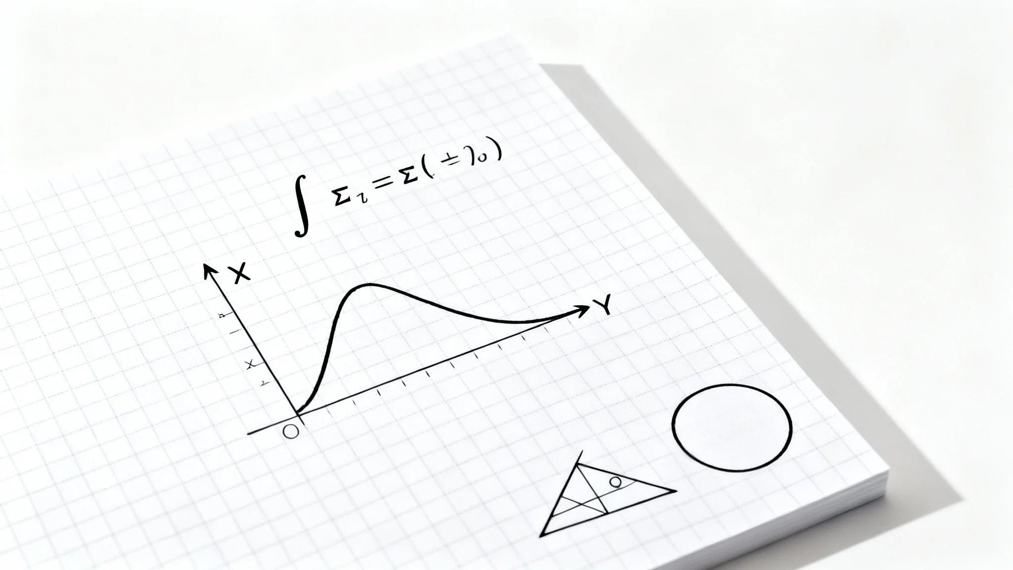 A mockup of a math problem on a sheet of grid paper, showing a calculus equation, a graph of a sine wave, and geometric shapes, all on a plain white background.