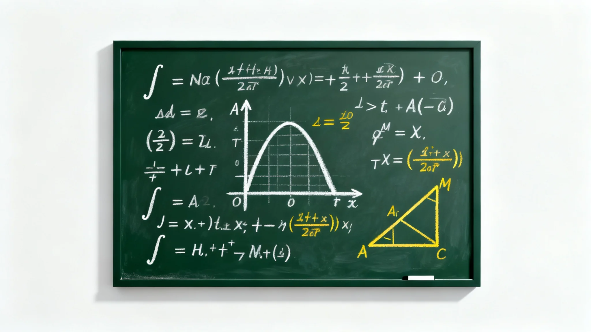 A clean, dark green chalkboard against a white background, covered in neatly written mathematical equations and graphs, illustrating a complex math problem.