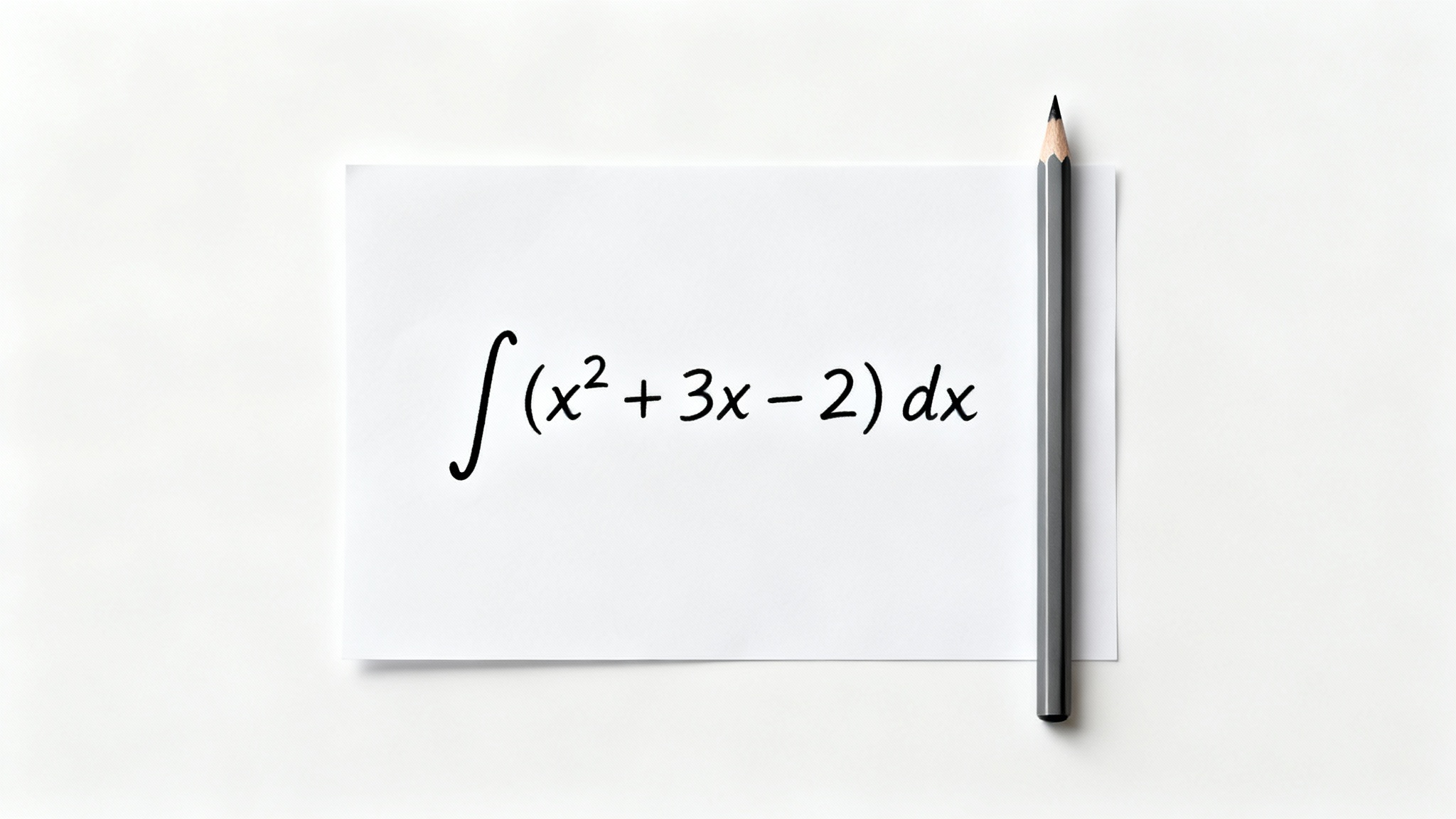 A top-down view of a piece of paper with a complex math problem written on it, lying on a white surface with a sharp pencil next to it, representing problem-solving.