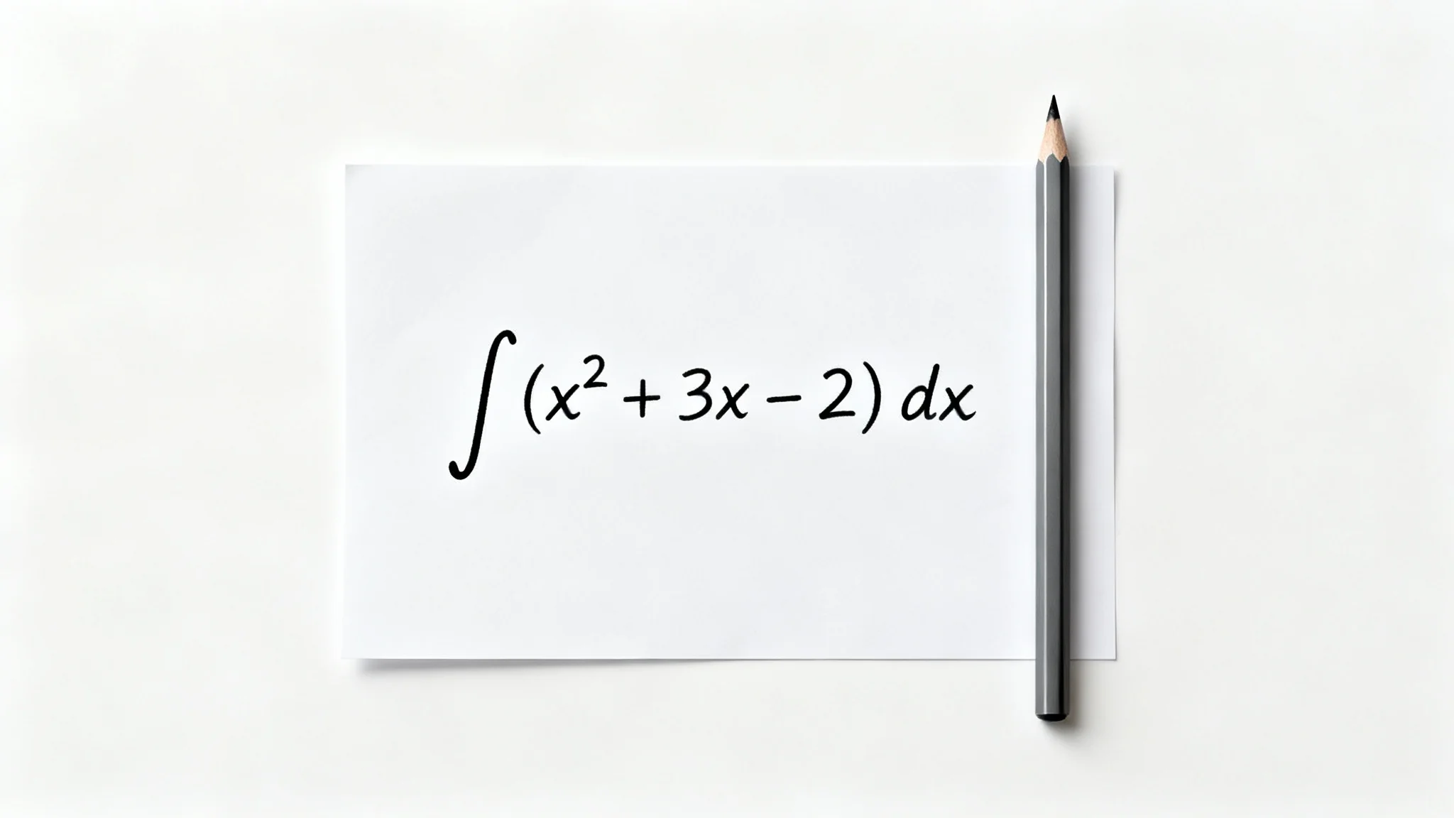 A top-down view of a piece of paper with a complex math problem written on it, lying on a white surface with a sharp pencil next to it, representing problem-solving.