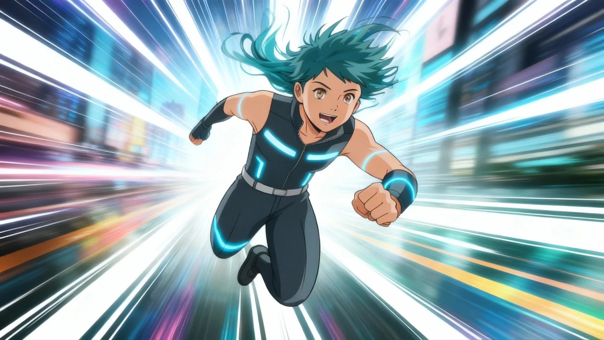An anime hero dashing forward, with dramatic, professionally applied speed lines radiating outward to showcase the result of a visual effect tool.