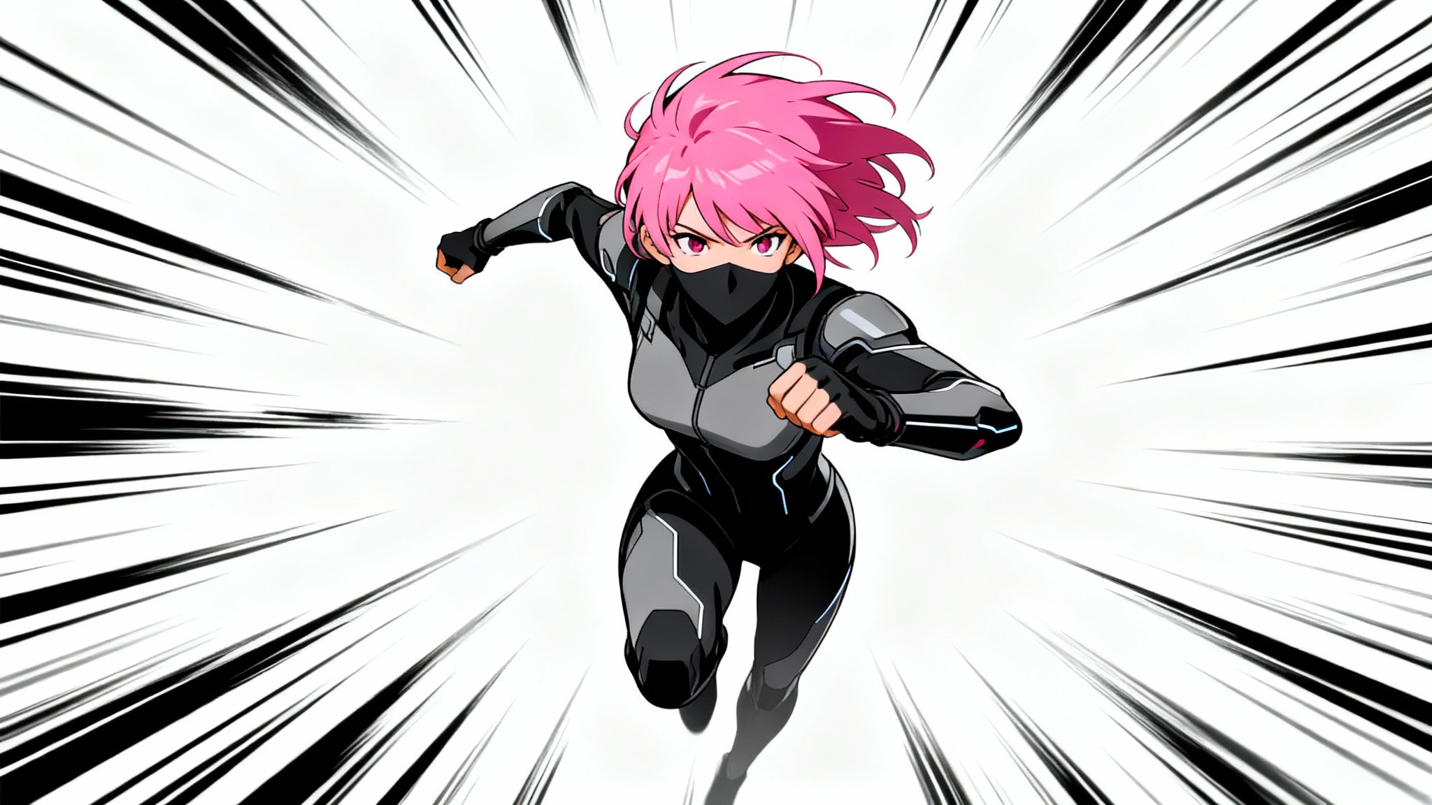 An anime-style female ninja with pink hair dashes forward, with black and white speed lines radiating behind her to demonstrate a motion effect, all on a plain white background.