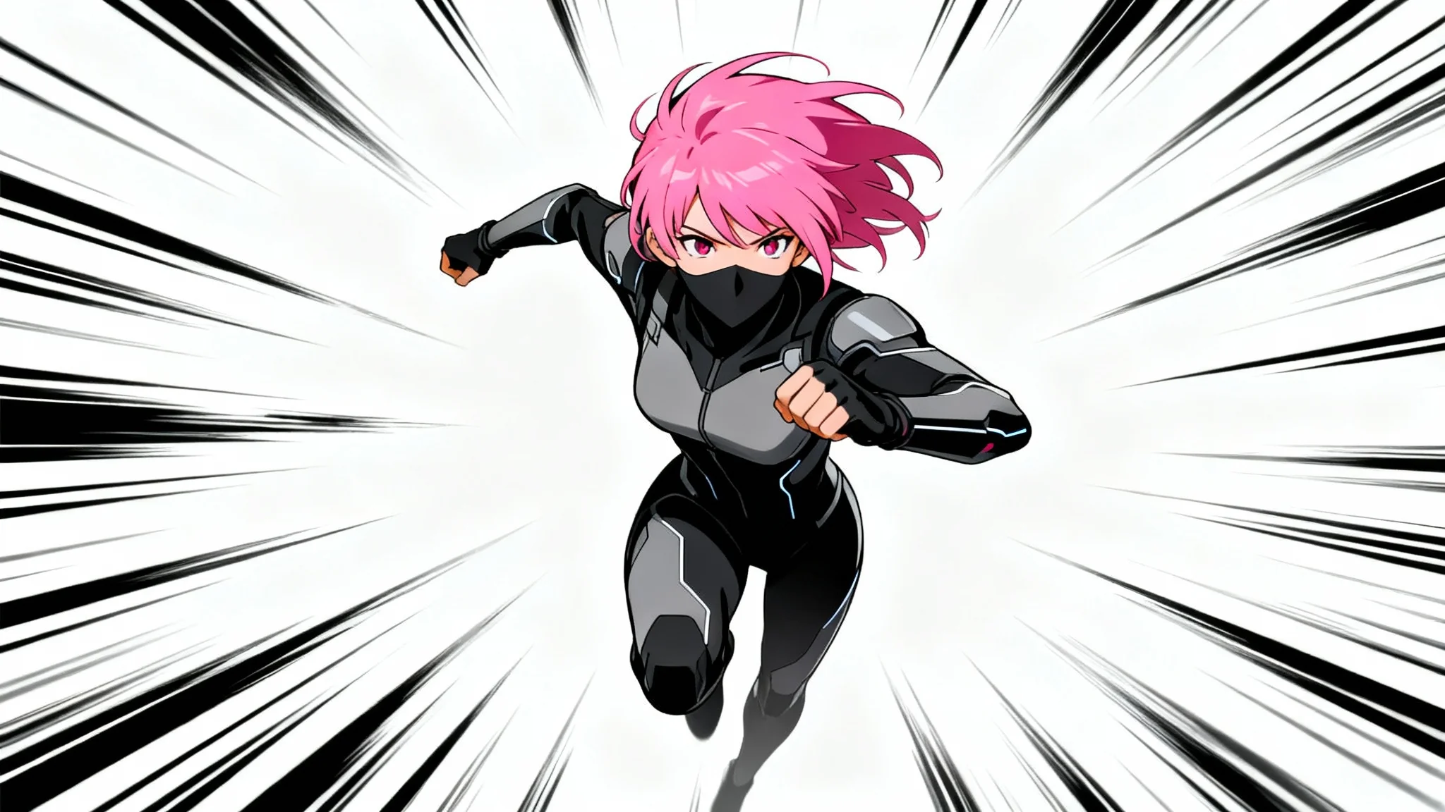 An anime-style female ninja with pink hair dashes forward, with black and white speed lines radiating behind her to demonstrate a motion effect, all on a plain white background.