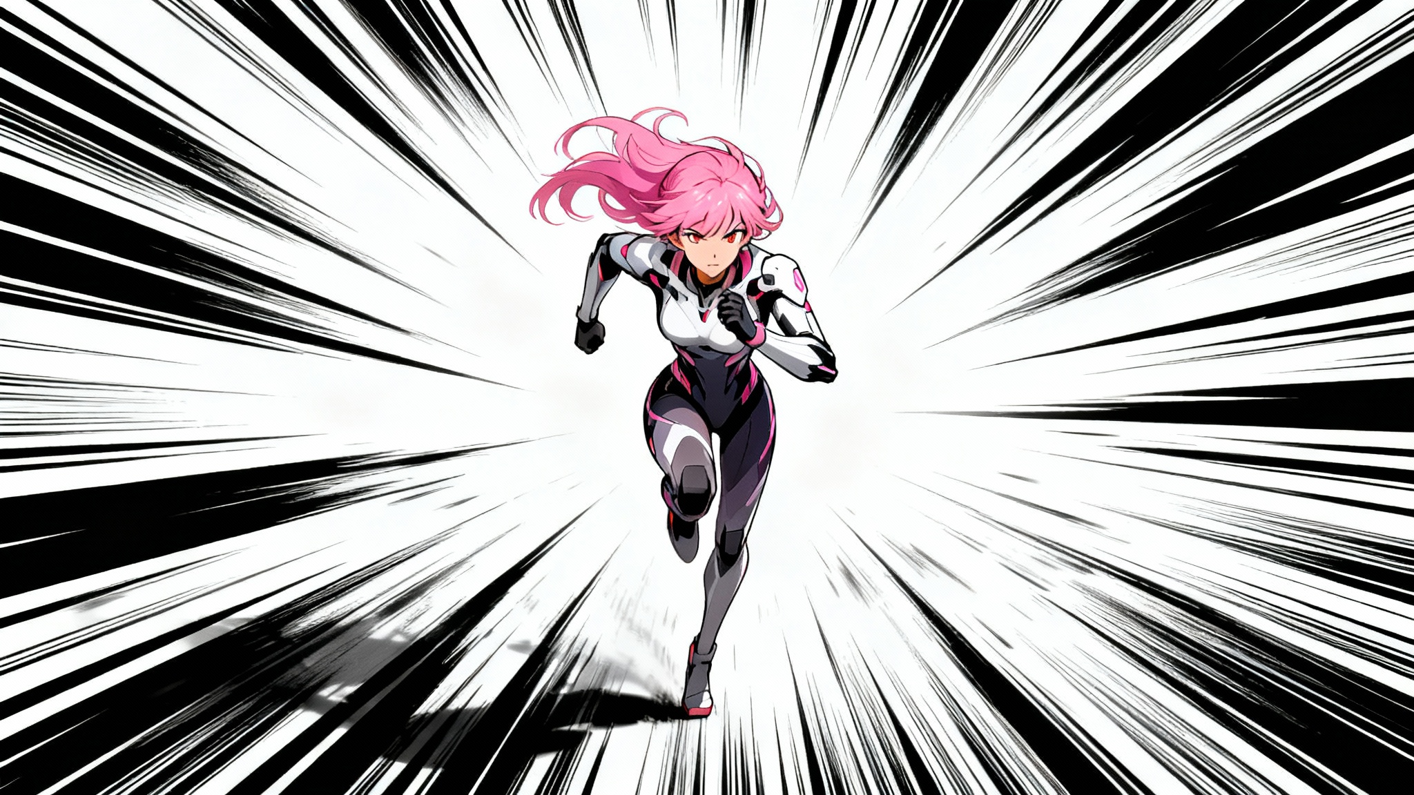 An anime-style illustration of a female warrior running at high speed, with dramatic black speed lines radiating outwards to create a powerful motion effect, all on a clean white background.