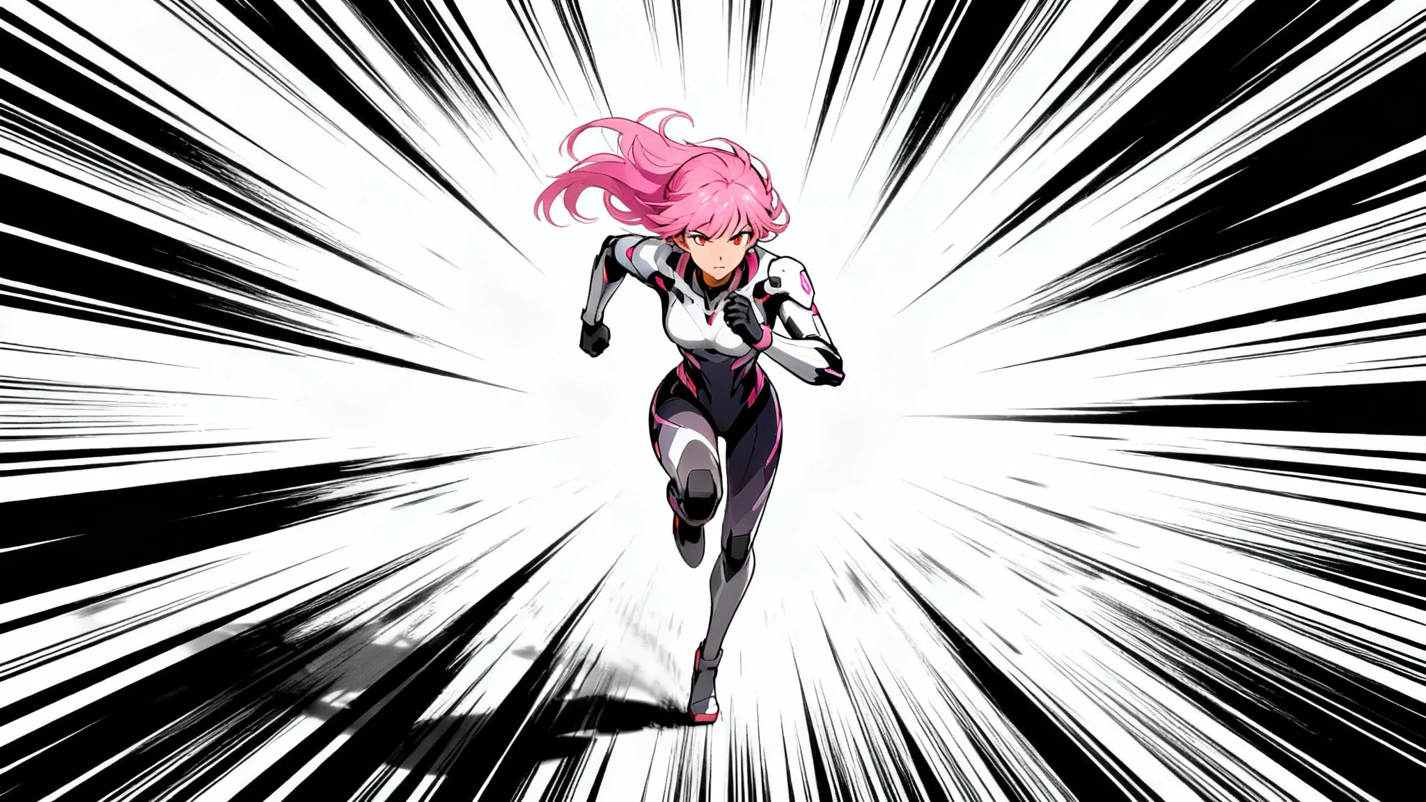 An anime-style illustration of a female warrior running at high speed, with dramatic black speed lines radiating outwards to create a powerful motion effect, all on a clean white background.