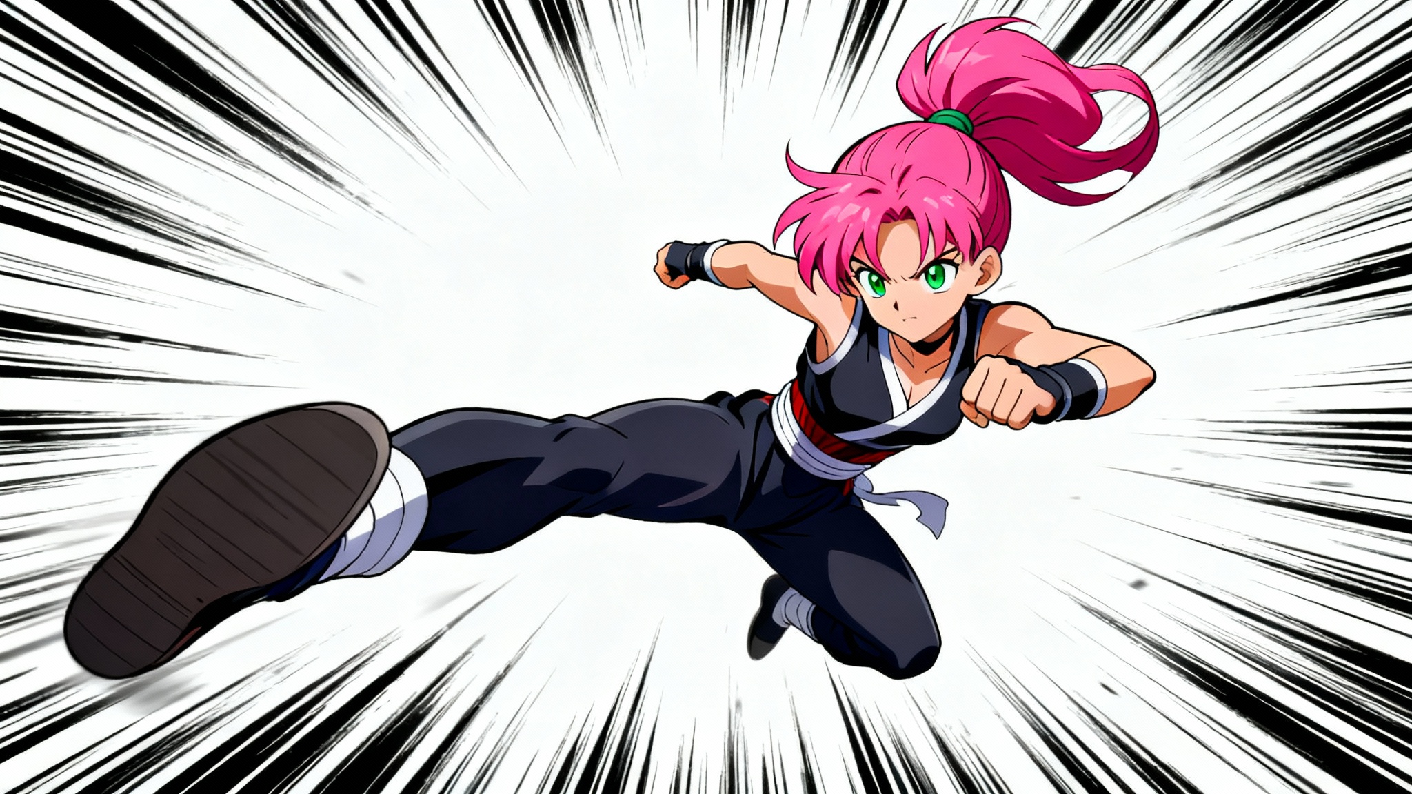 An anime character with pink hair lunging forward in a dynamic kicking pose, surrounded by black and white anime speed lines to create a dramatic effect of motion against a white background.