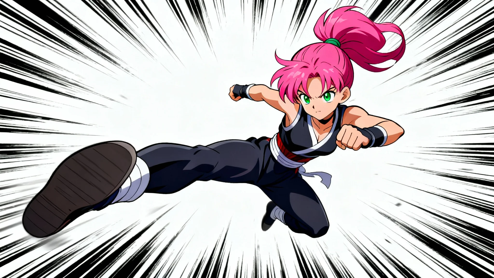 An anime character with pink hair lunging forward in a dynamic kicking pose, surrounded by black and white anime speed lines to create a dramatic effect of motion against a white background.