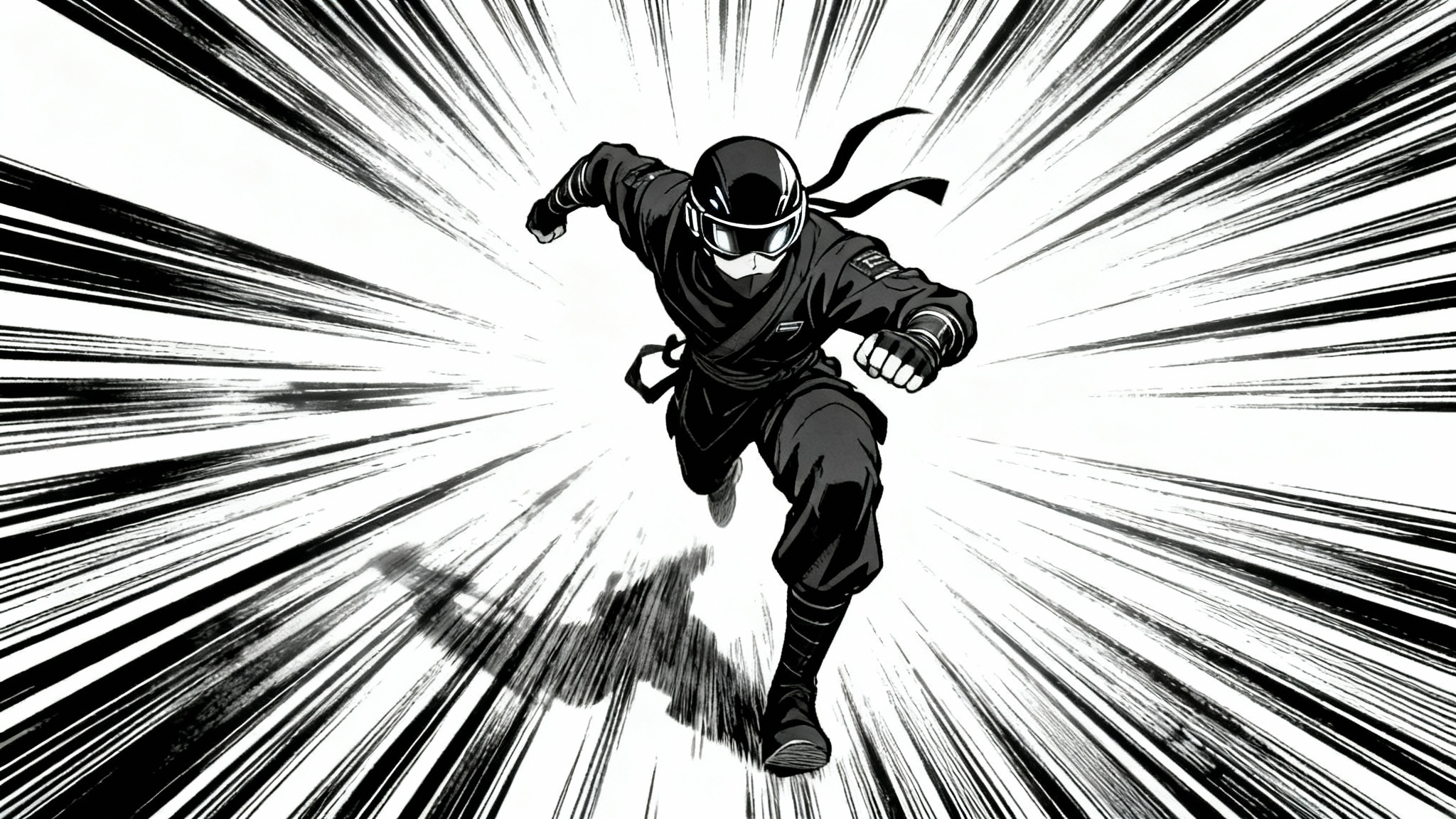An anime-style illustration of a character moving at high speed, with dramatic black and white speed lines creating a powerful sense of motion against a plain white background.