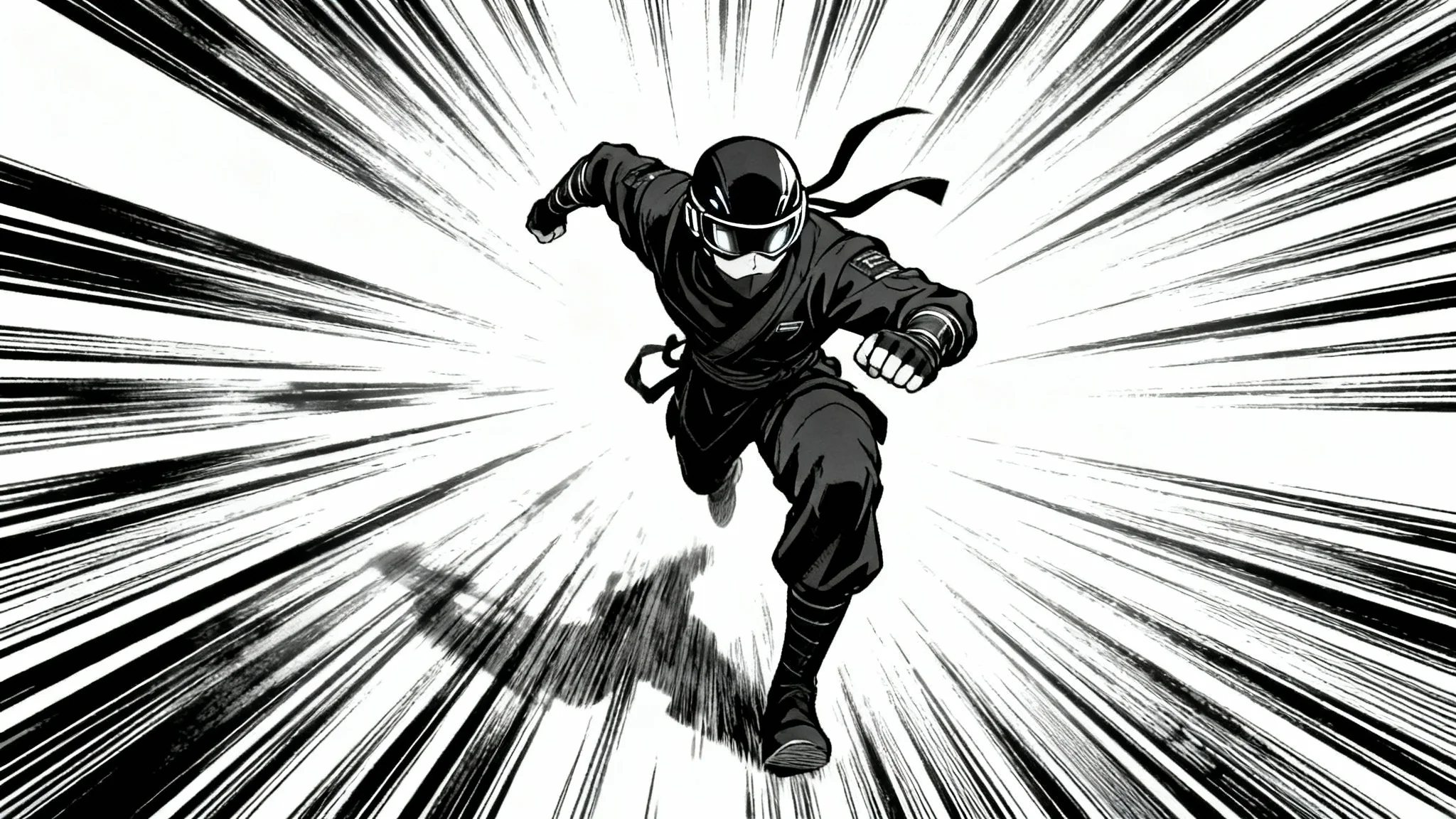 An anime-style illustration of a character moving at high speed, with dramatic black and white speed lines creating a powerful sense of motion against a plain white background.