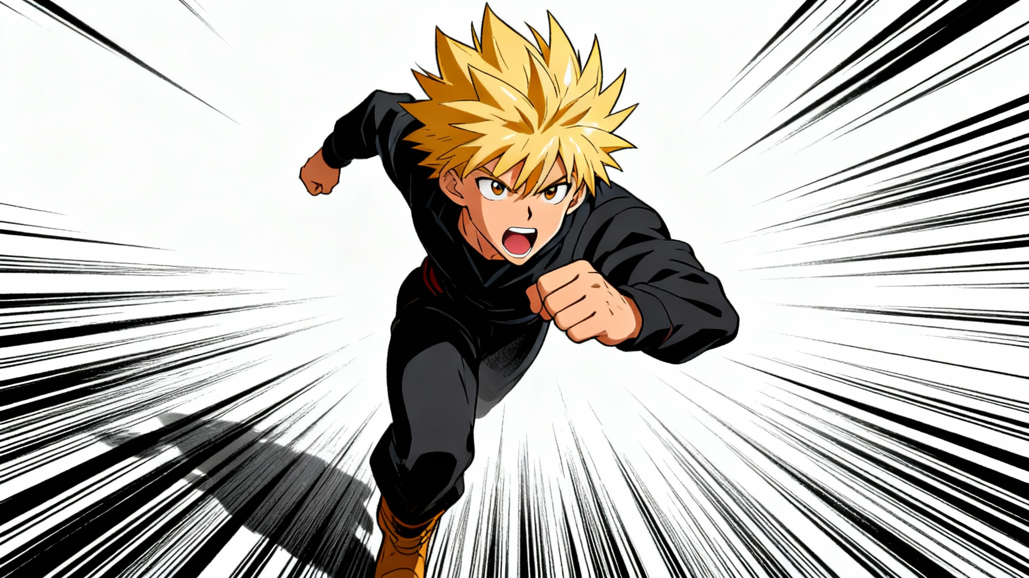 A dynamic anime character with blond hair running at high speed, with dramatic black speed lines emphasizing the motion against a plain white background.