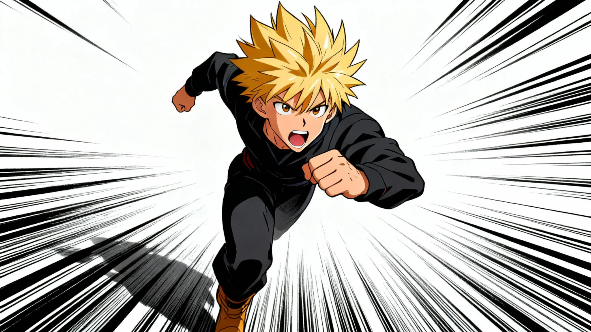 A dynamic anime character with blond hair running at high speed, with dramatic black speed lines emphasizing the motion against a plain white background.