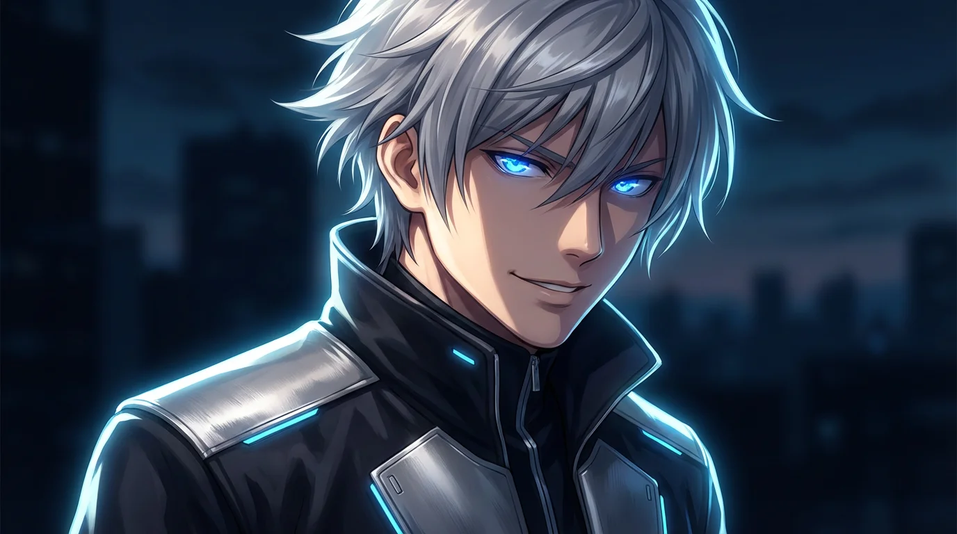 A handsome male anime character with silver hair and glowing blue eyes, wearing a sleek black jacket. The image is a high-quality digital painting with dramatic lighting, set against a dark, minimalist background.