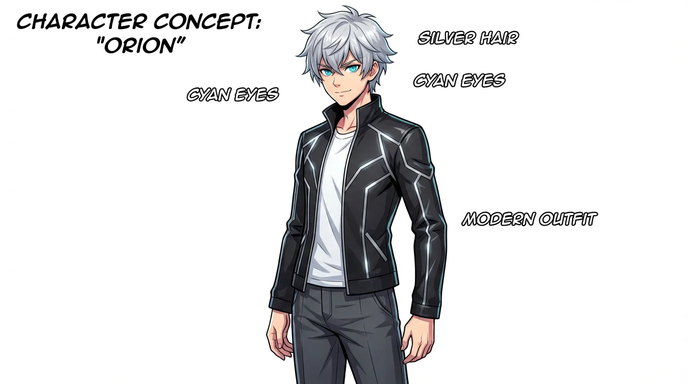 A full-body digital illustration of a handsome male anime character with silver hair and cyan eyes, posing confidently against a plain white background in a modern outfit.