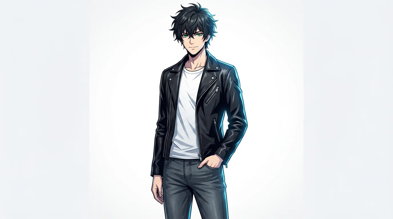 A full-body illustration of a handsome male anime character with dark spiky hair and green eyes, wearing a black leather jacket and posing confidently against a white background.