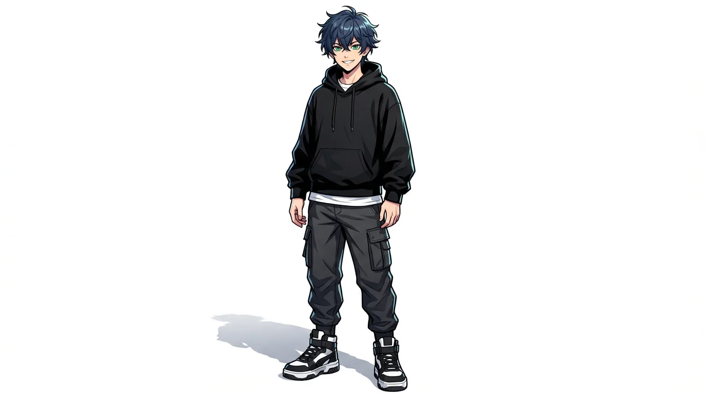 A full-body illustration of a male anime character with dark blue hair and green eyes, wearing a modern black hoodie and cargo pants, standing against a white background.