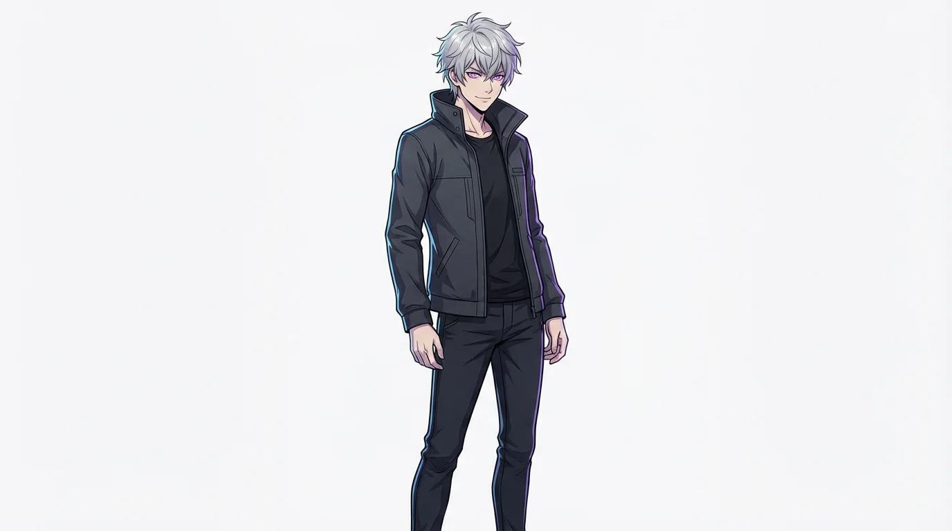 A full-body illustration of a male anime character with silver hair and purple eyes, wearing a modern dark jacket and pants, set against a plain white background. The art style is clean, vibrant, and detailed.