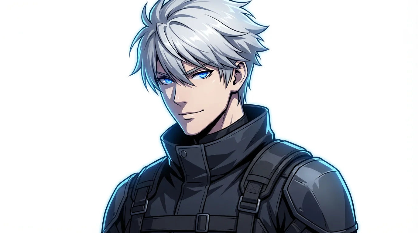 A digital illustration of a handsome male anime character with spiky silver hair and blue eyes, shown from the chest up against a white background.