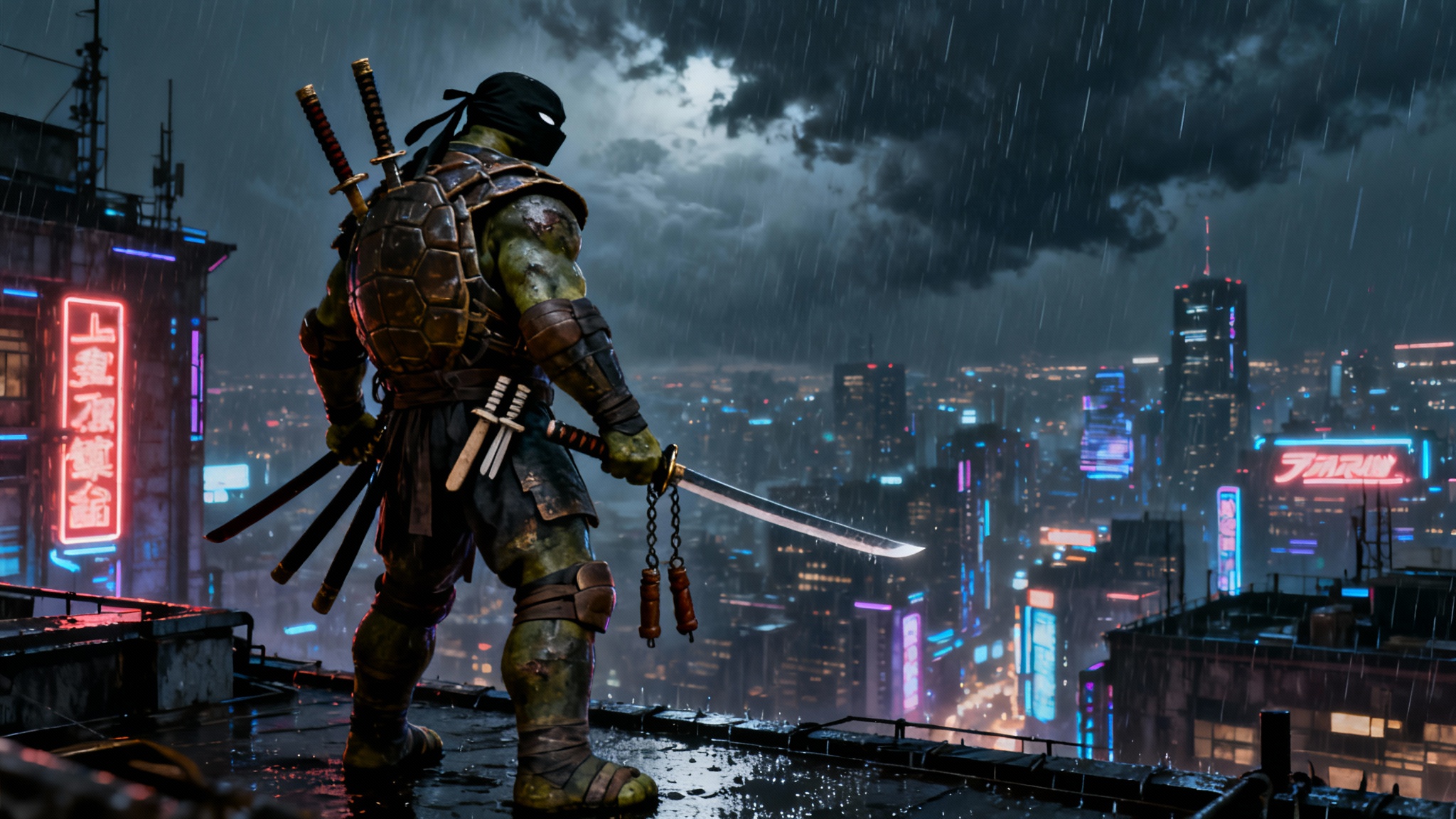 A dark, cinematic wallpaper of The Last Ronin from Teenage Mutant Ninja Turtles, standing on a rainy rooftop overlooking a futuristic city at night.
